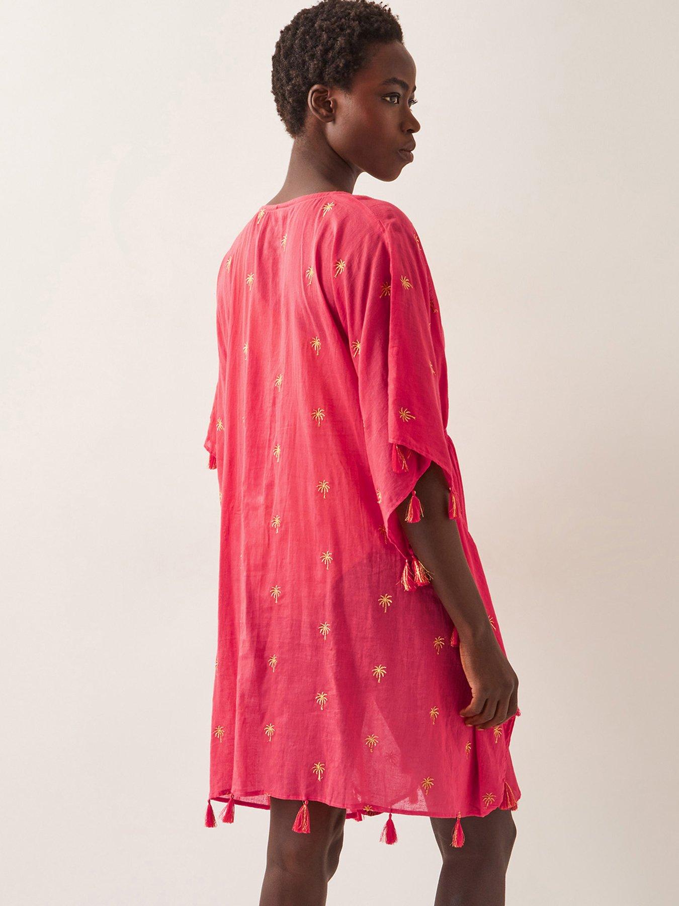 Image 2 of 4 of Monsoon Ivy Palm Embroidered Kaftan - Coral