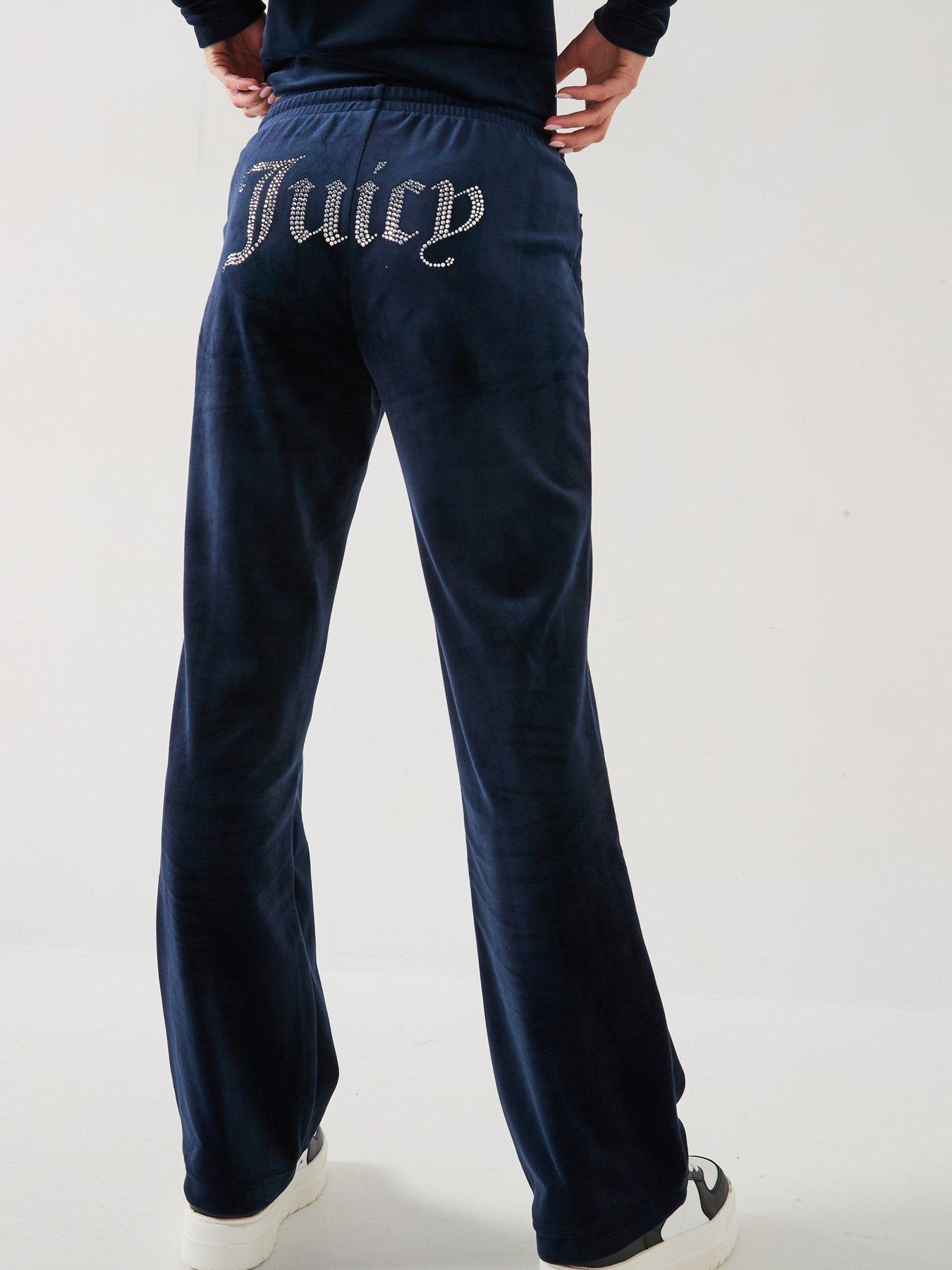 undefined Tina Classic Velour Track Pant With Diamante Logo - Navy