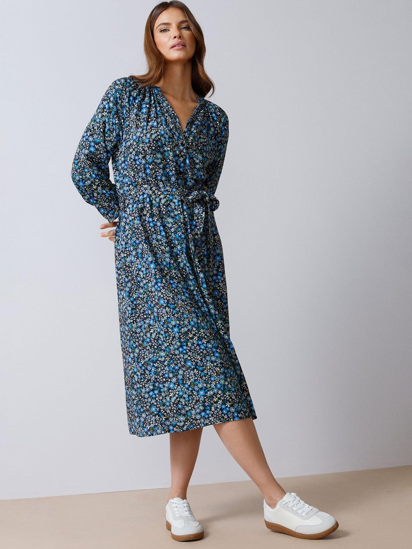 mco-ditsy-button-through-34-sleeve-dress-blue