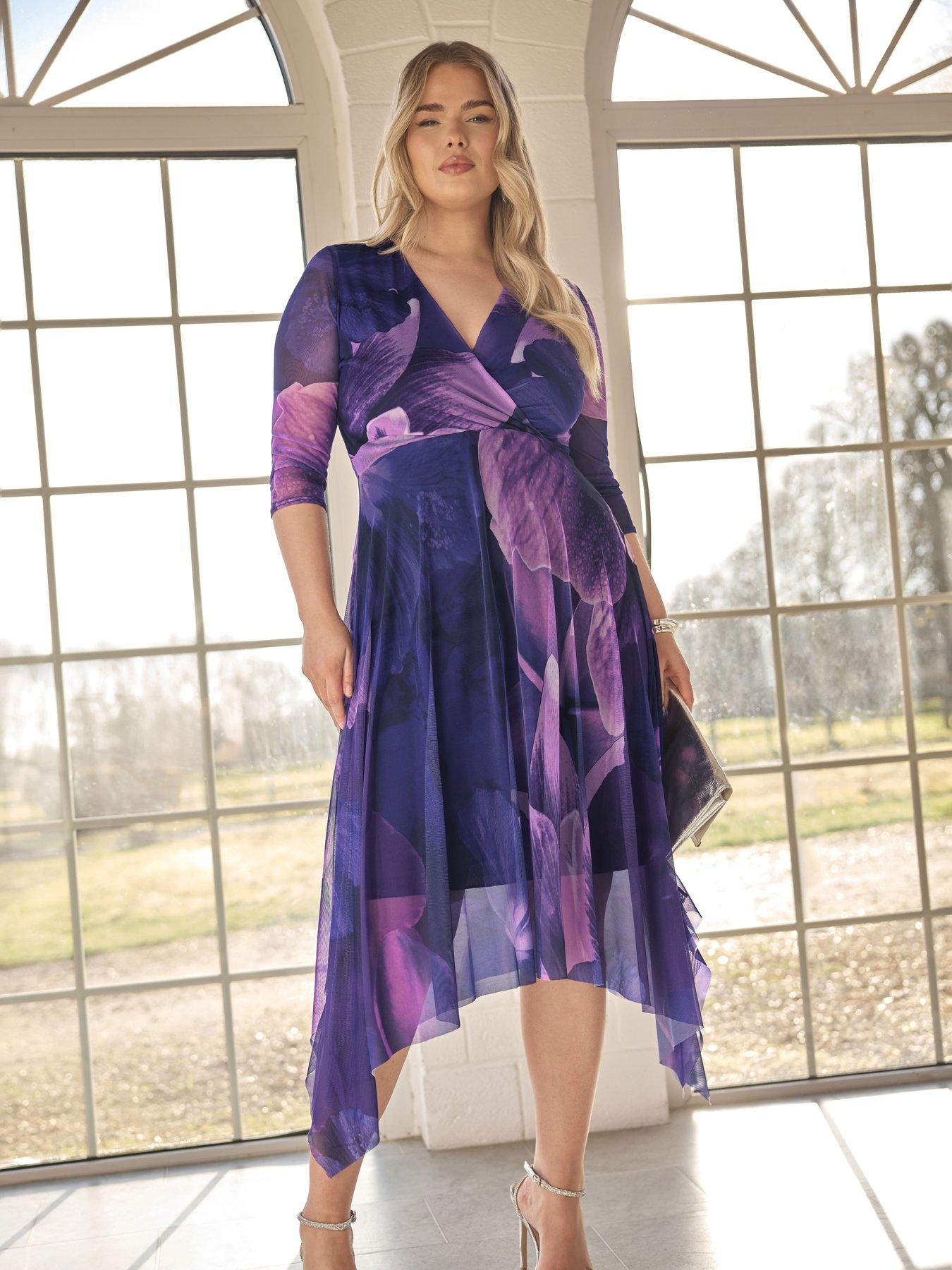 yours-curve-floral-mesh-wrap-hanky-hem-dress-purple