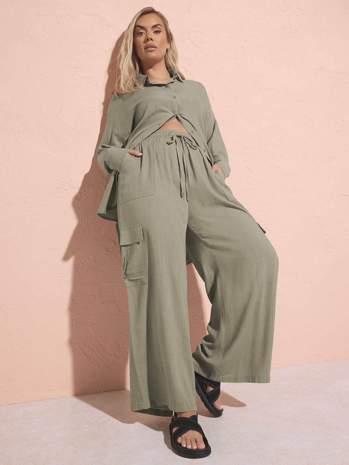 Image 1 of 4 of Yours Curve Linen Cargo Trouser - Green