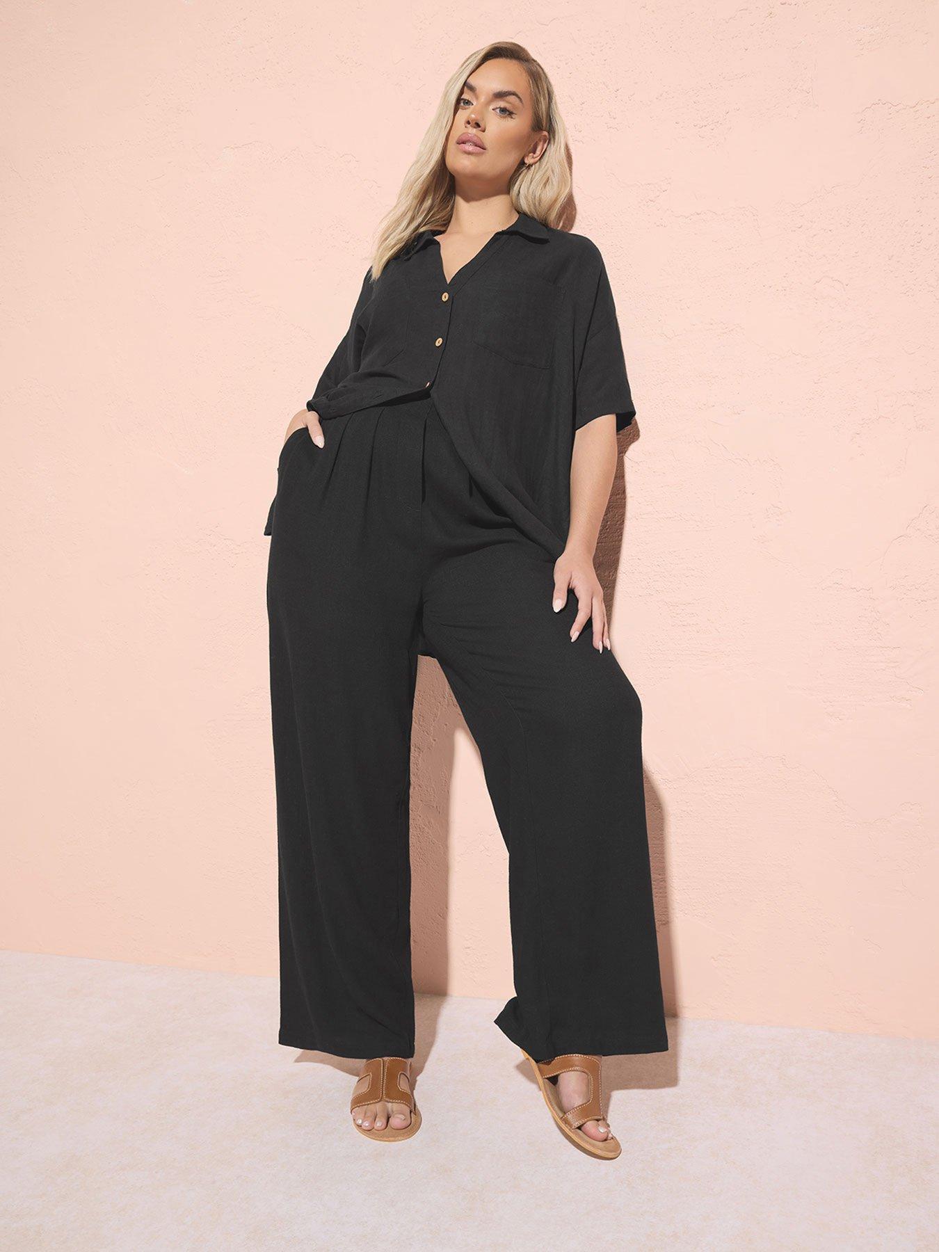 Yours Curve Darted Waist Linen Trousers - Black