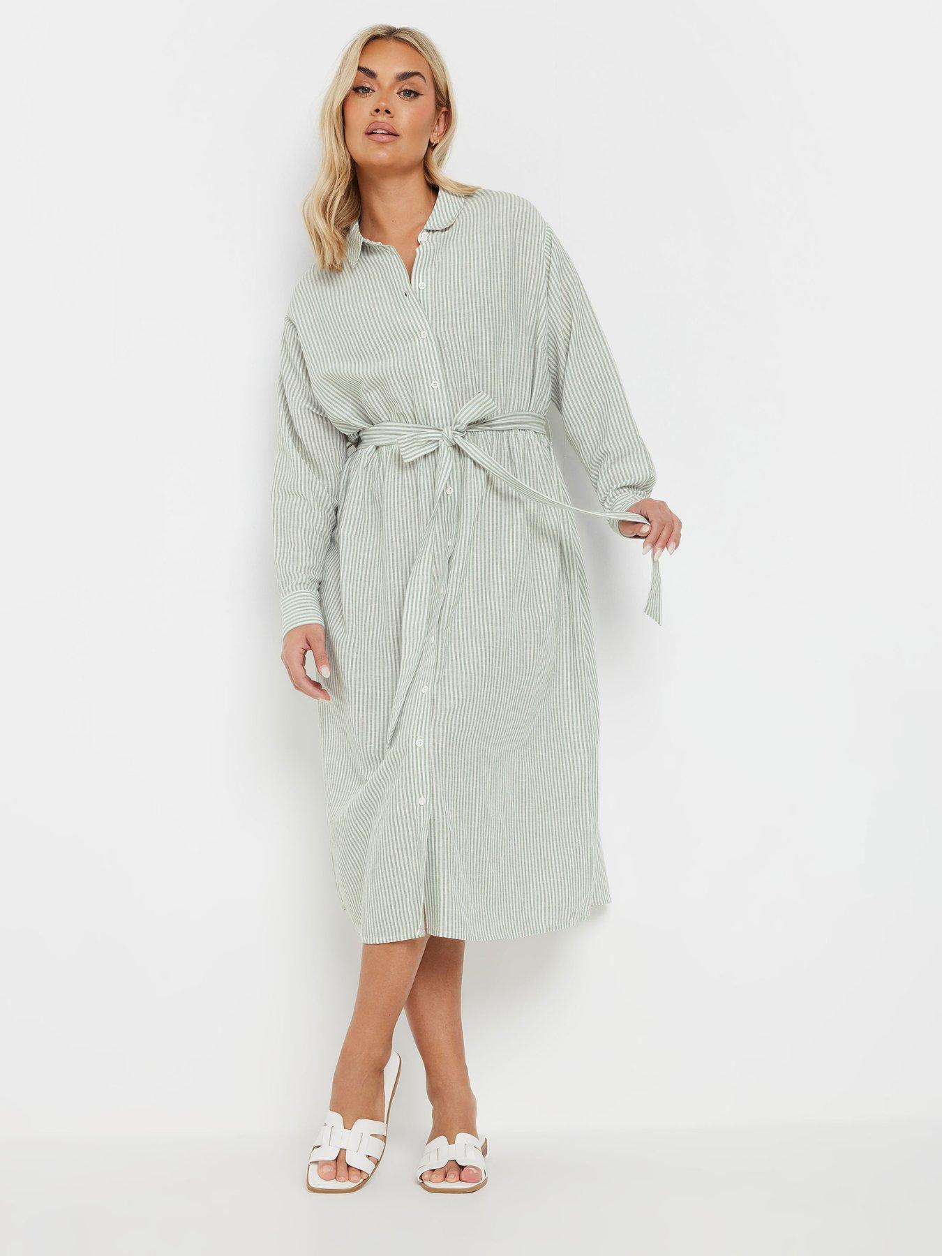 Image of Yours Curve Long Sleeve Linen Stripe Shirt Dress - Green