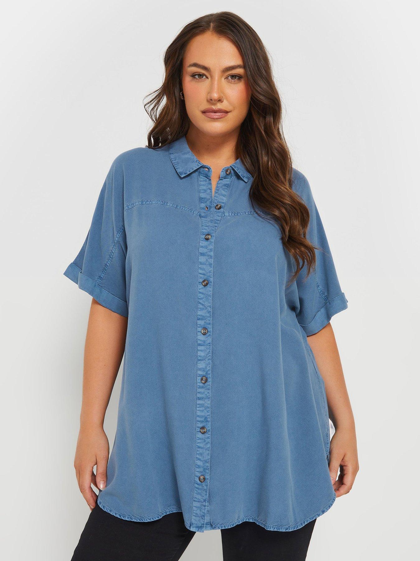 Image 1 of 4 of Yours Curve Short Sleeve Chambray Shirt - Blue
