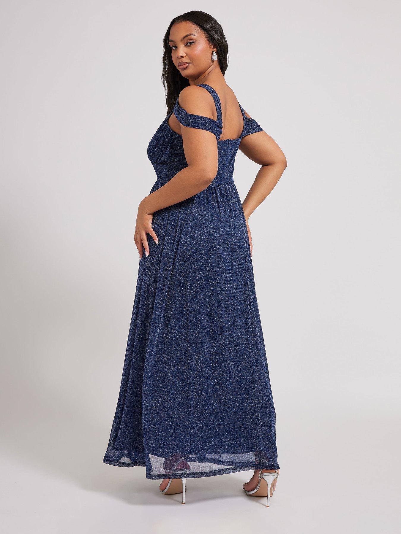 yours-curve-metallic-mesh-cold-shoulder-dress-bluestillFront