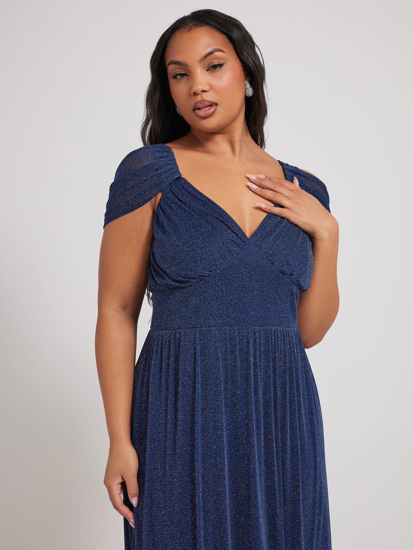 yours-curve-metallic-mesh-cold-shoulder-dress-blueoutfit