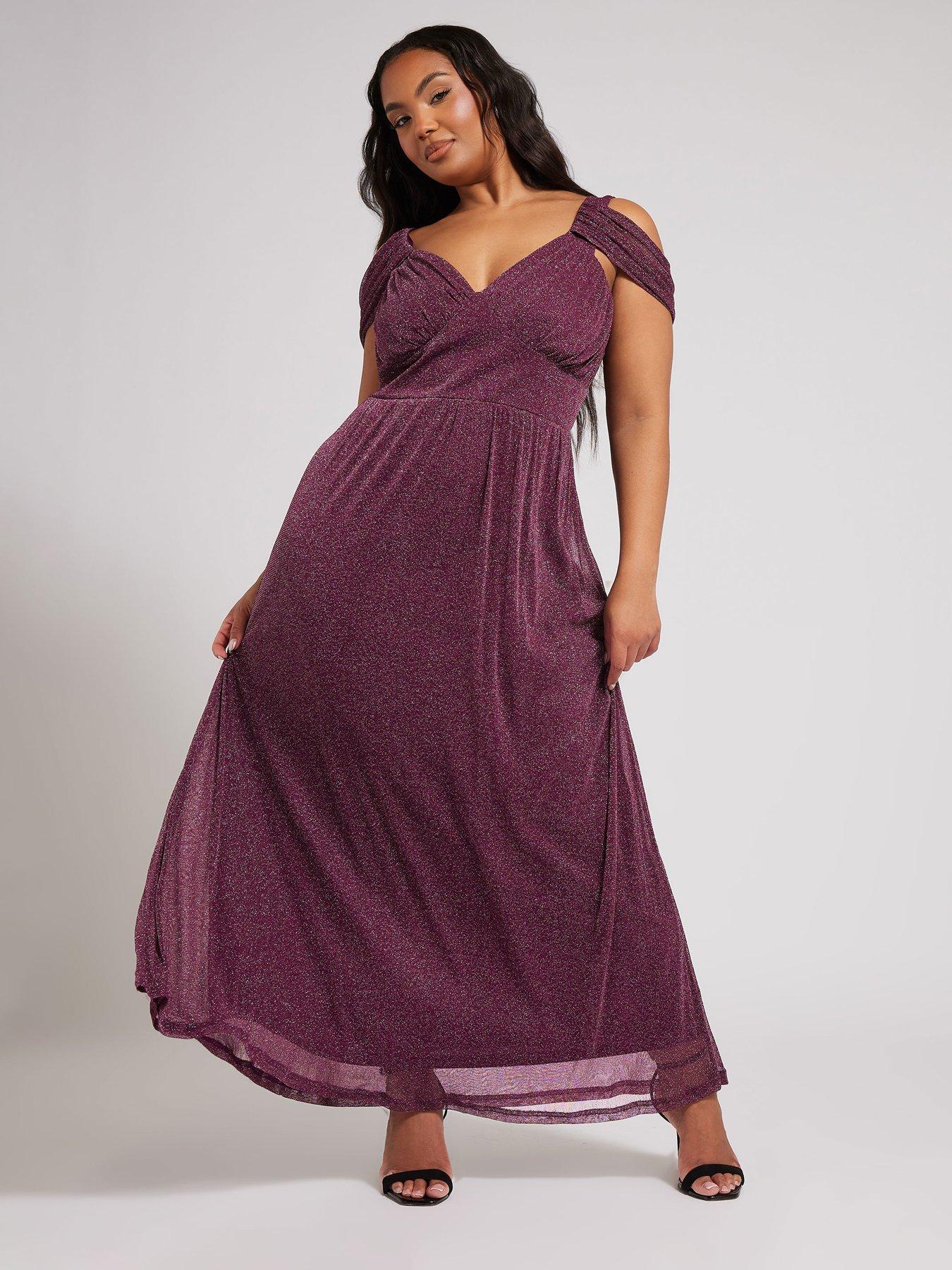 yours-curve-metallic-mesh-cold-shoulder-dress-purple