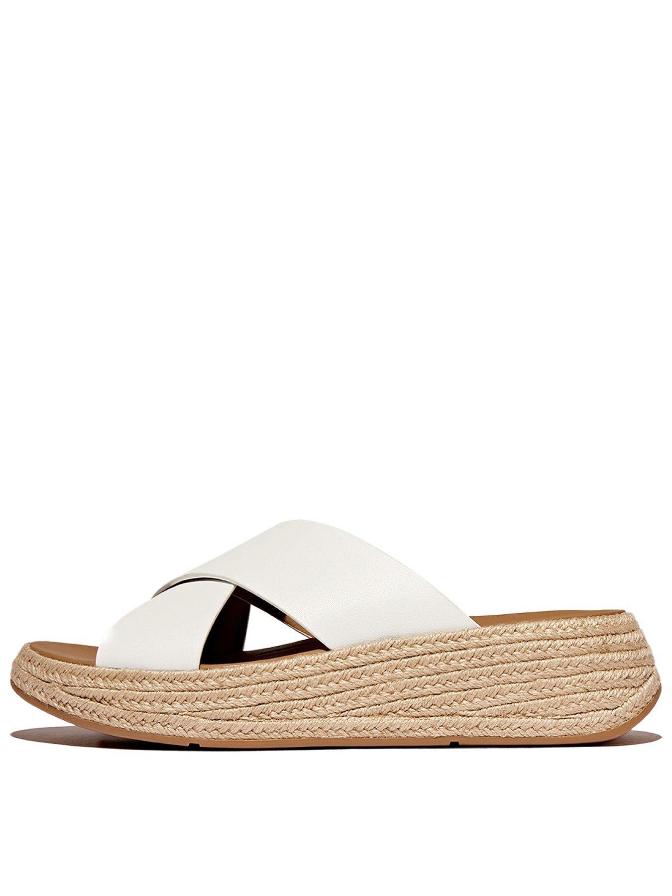 FitFlop F-mode Espadrille Leather Flatform Cross Slides - Urban White