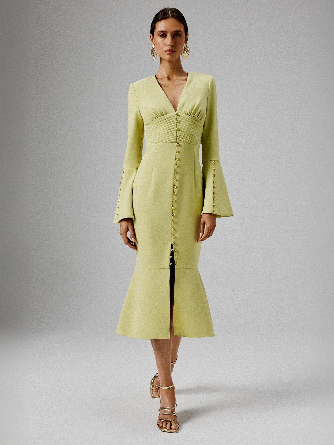 lavish-alice-flared-micro-shell-button-long-midi-dress-green