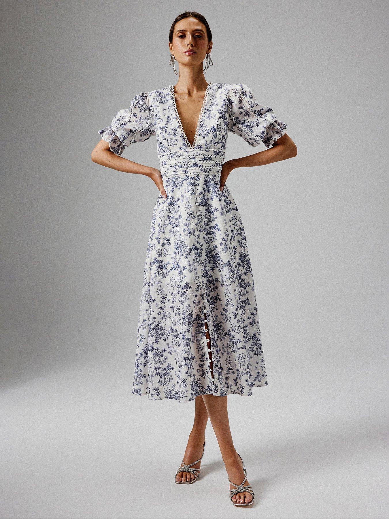 Lavish Alice Micro Button And Loop Detail Long Midi Dress - Blue