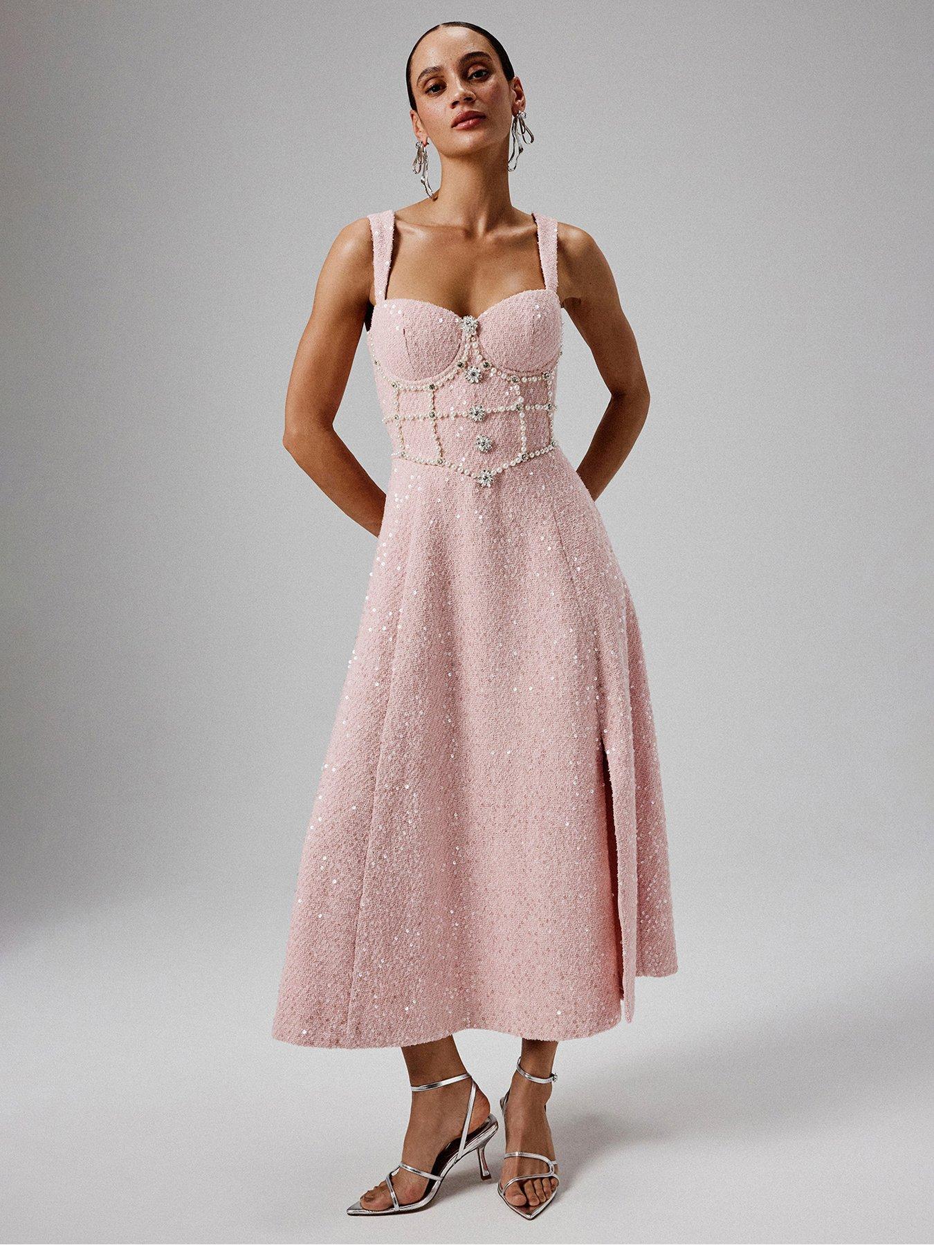 Image of Lavish Alice Sequin Boucle A-line Pearl Embellished Midi Dress - Pink