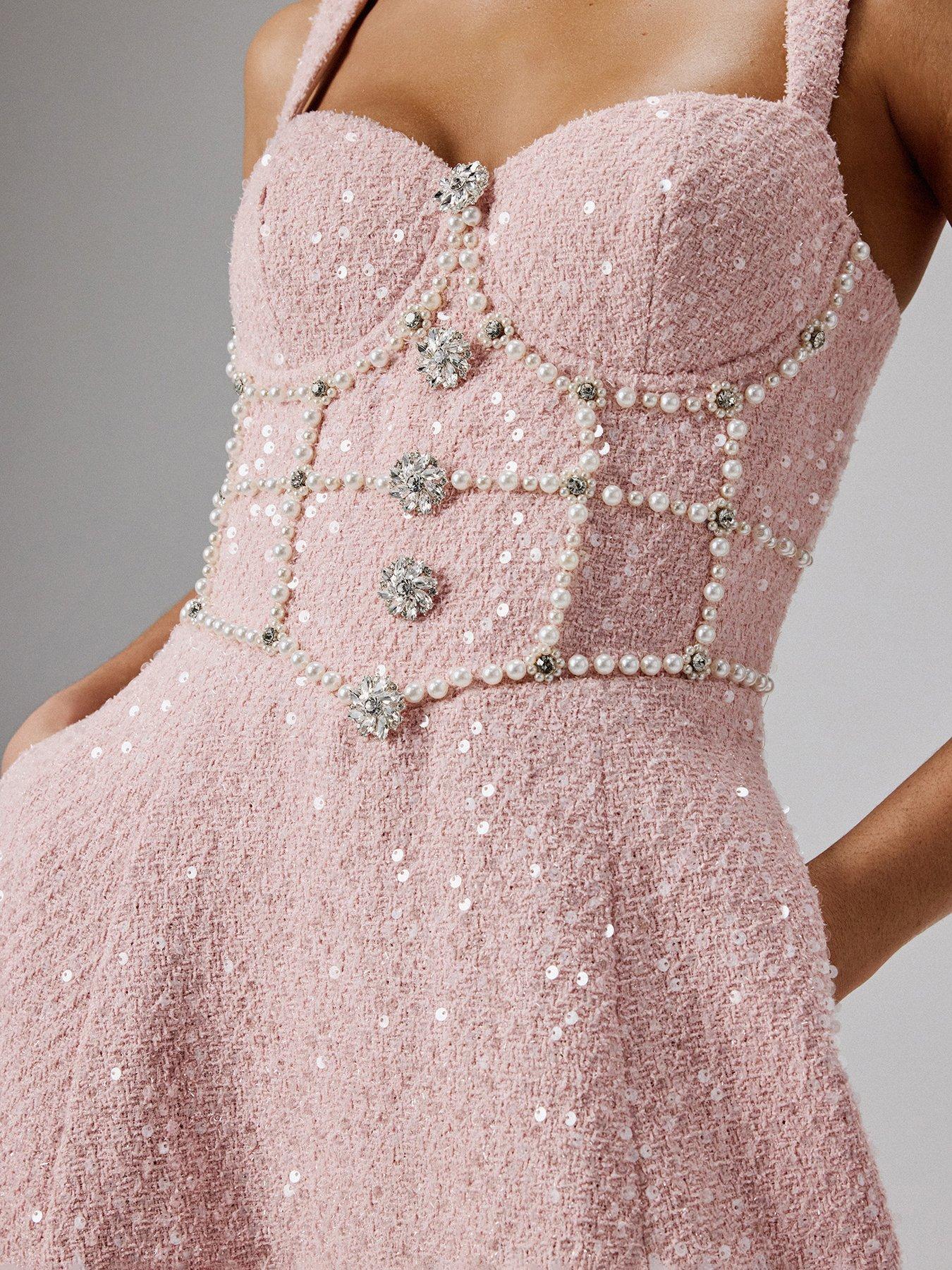 Lavish Alice Sequin Boucle A-line Pearl Embellished Midi Dress - Pink |  Very Ireland