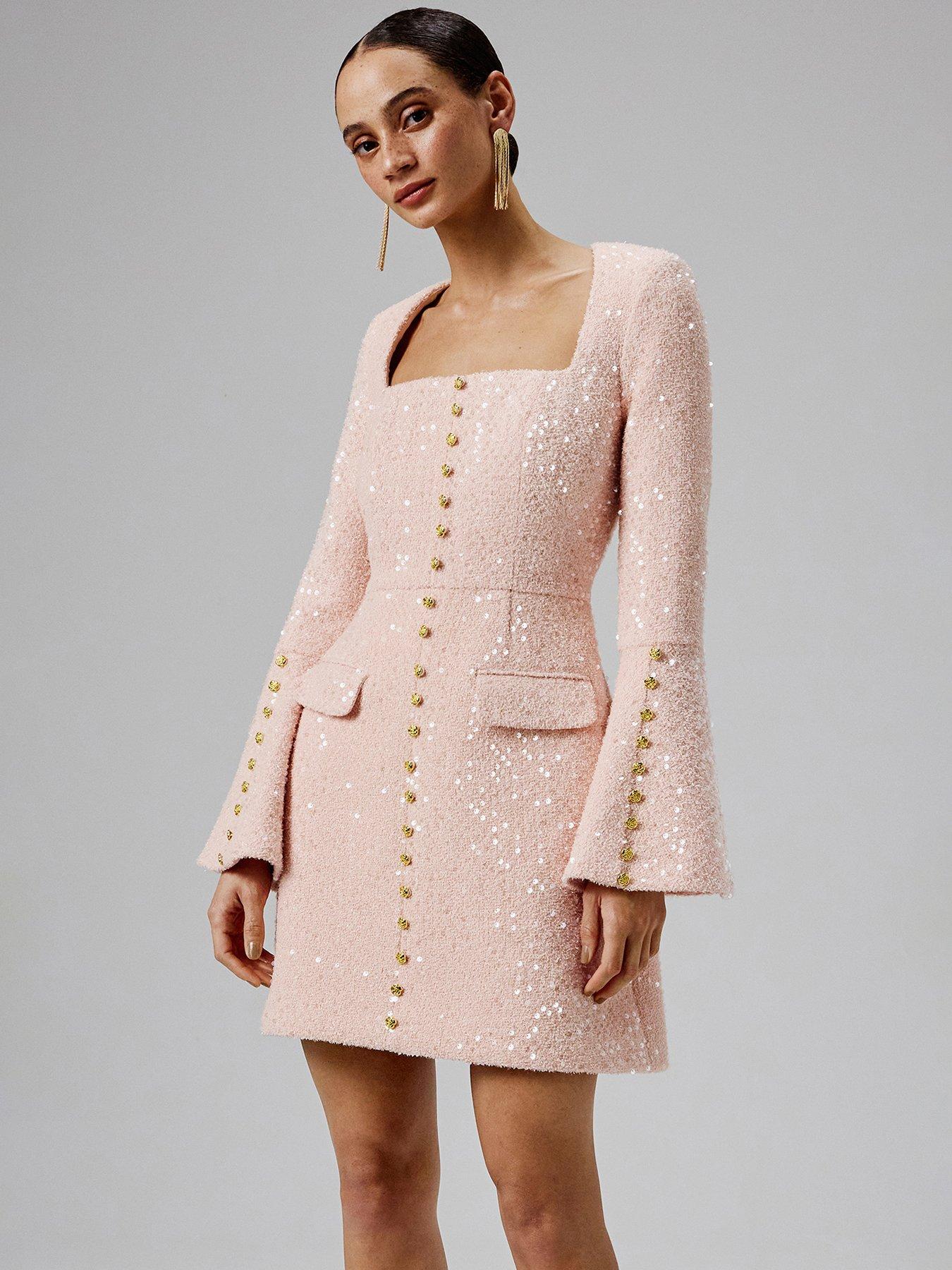 Image 1 of 5 of Lavish Alice Sequin Boucle Fluted Sleeve Mini Dress- Pink