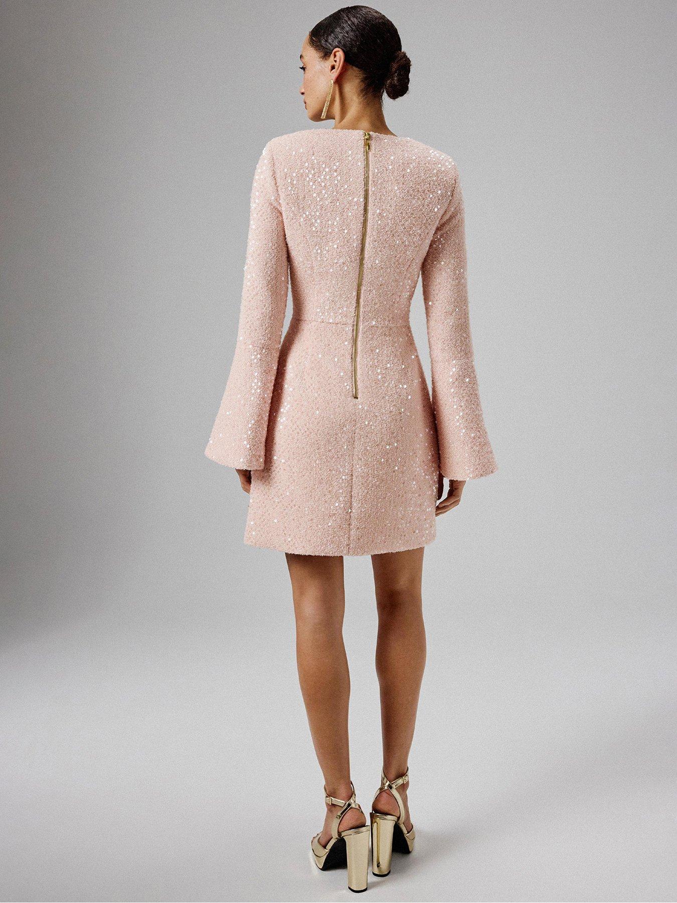 Image 2 of 5 of Lavish Alice Sequin Boucle Fluted Sleeve Mini Dress- Pink