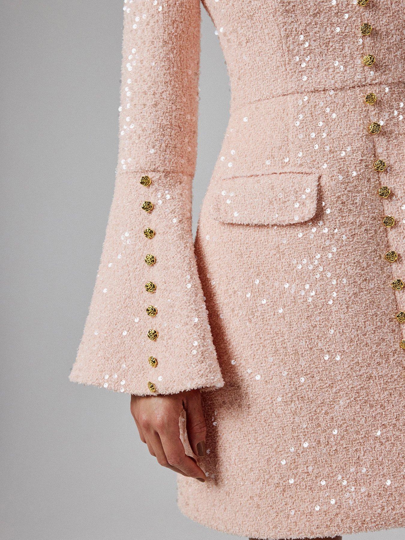 Image 4 of 5 of Lavish Alice Sequin Boucle Fluted Sleeve Mini Dress- Pink