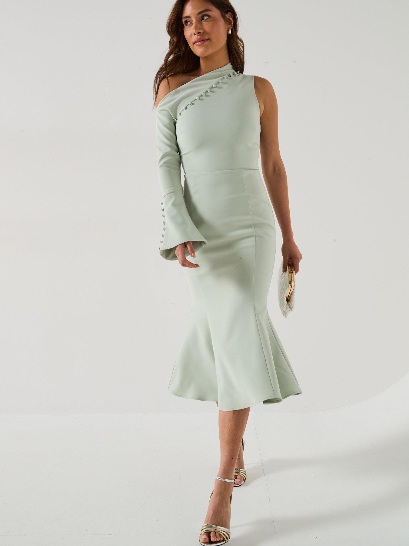 Lavish Alice Asymmetric Sleeve Micro Button Long Midi Dress - Green | Very  Ireland