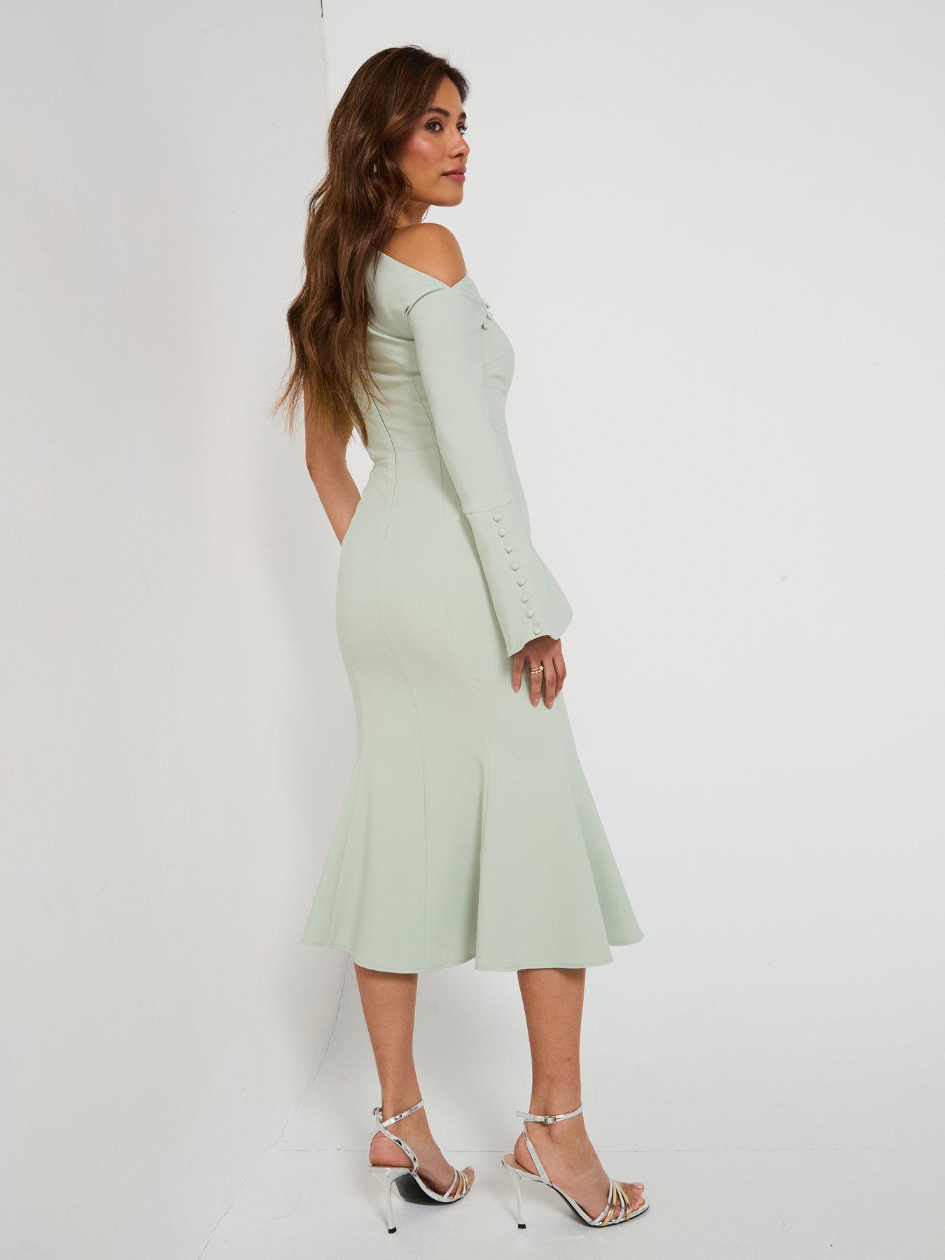 slim fit dress slacks Lavish Alice Green Pleated Satin Strapless Midi Dress UK 10 main image 0