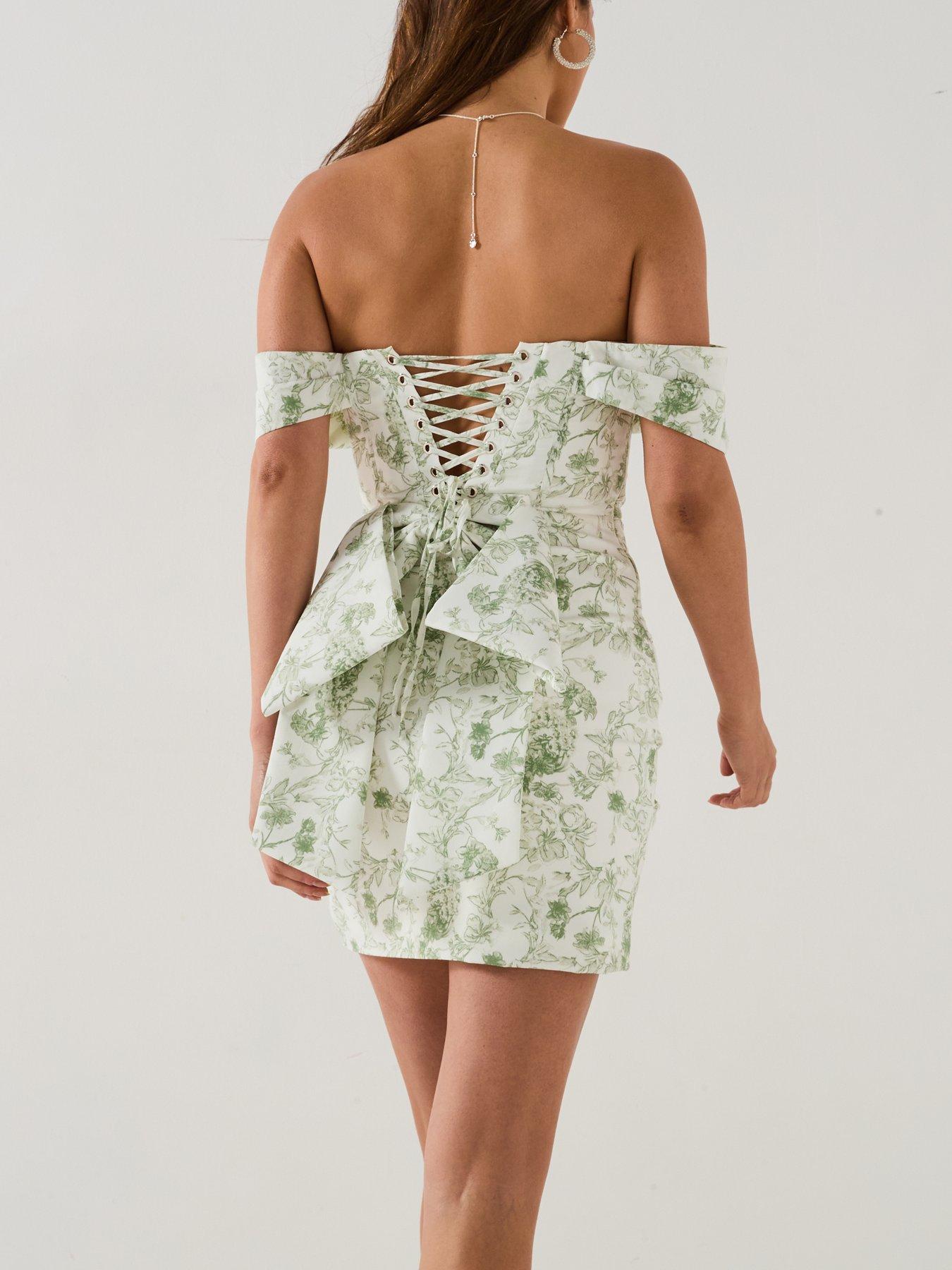 Lavish Alice Off Shoulder Lace Up Mini Dress - Green