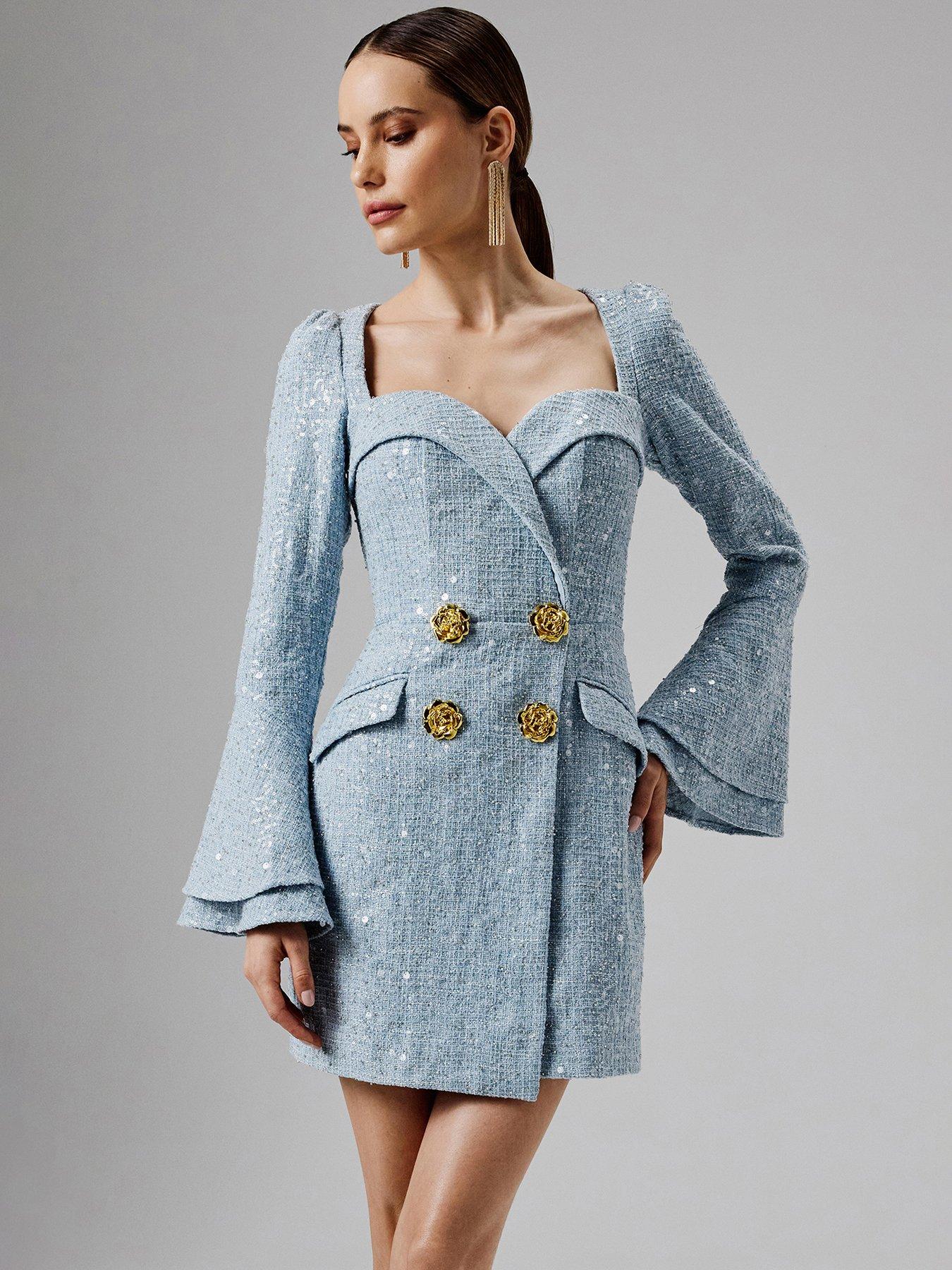 Lavish Alice Boucle Oversized Rose Button Blazer Mini Dress - Blue