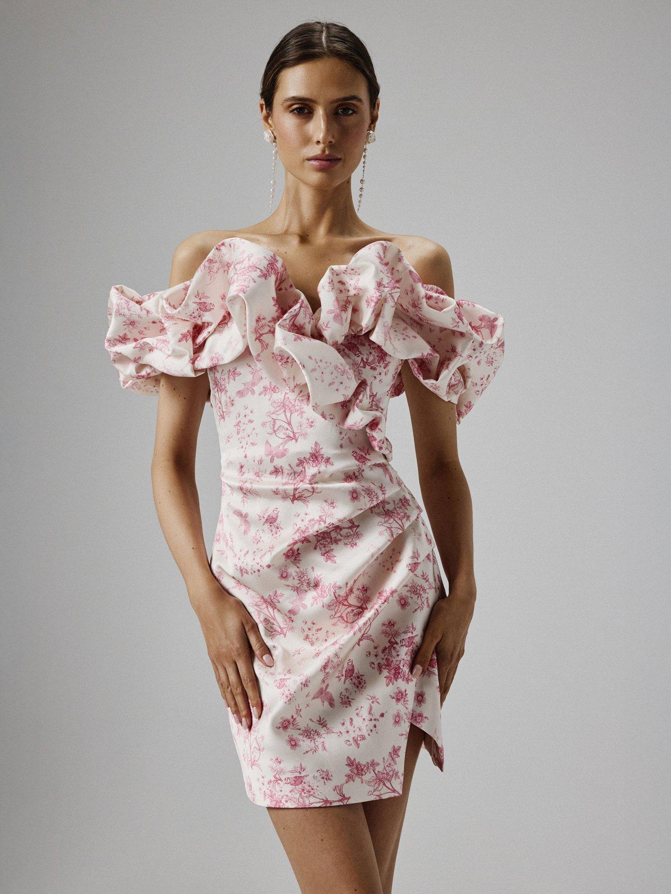Image of Lavish Alice Bonded Satin Bardot Mini Dress - Multi