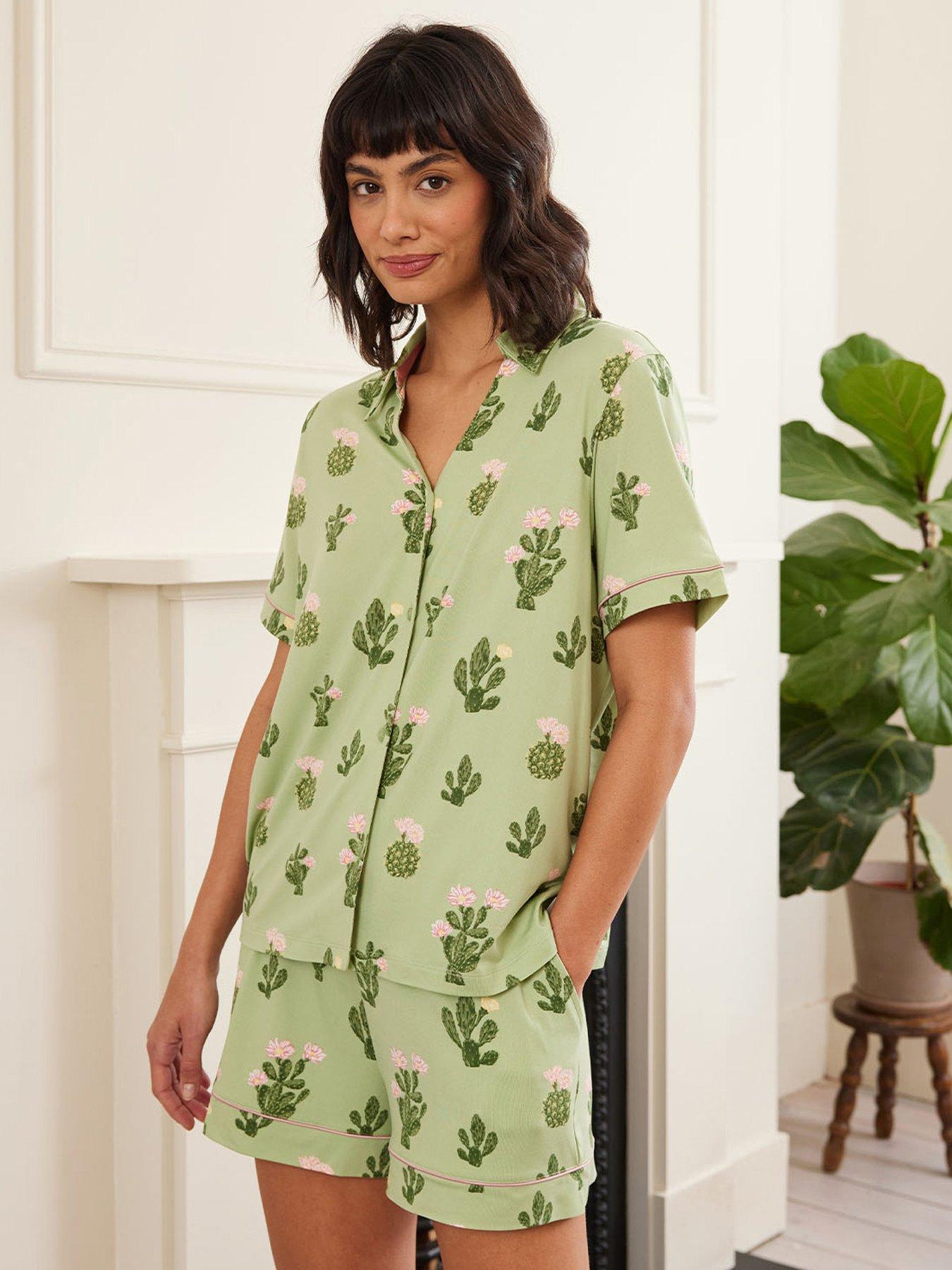 Image of CHELSEA PEERS Chelsea Peers V Neck Button Up Short Pyjama Set - Detailed Cacti Print