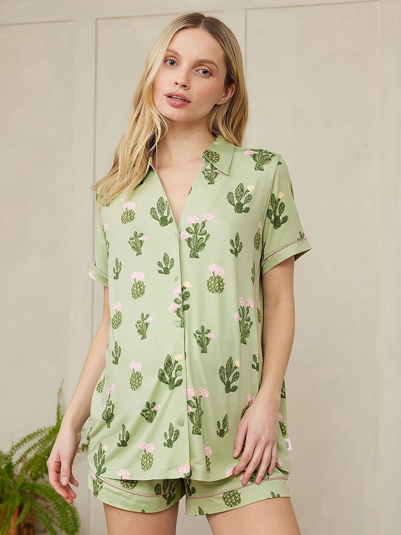 undefined Chelsea Peers Maternity V Neck Button Up Short Pyjama Set - Detailed Cacti Print
