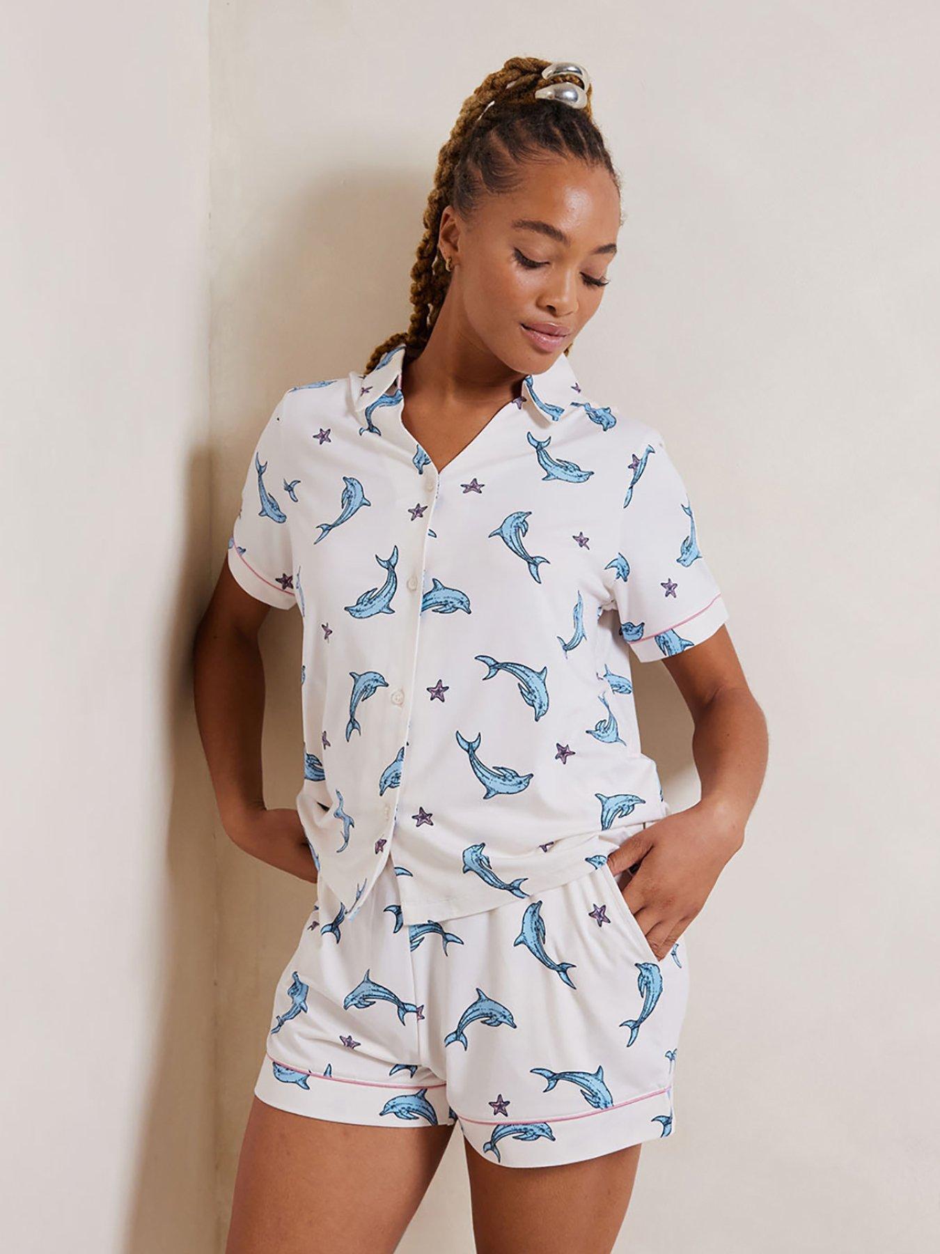 chelsea-peers-v-neck-button-up-short-set-in-recycled-polyester-ditsy-dolphin-print