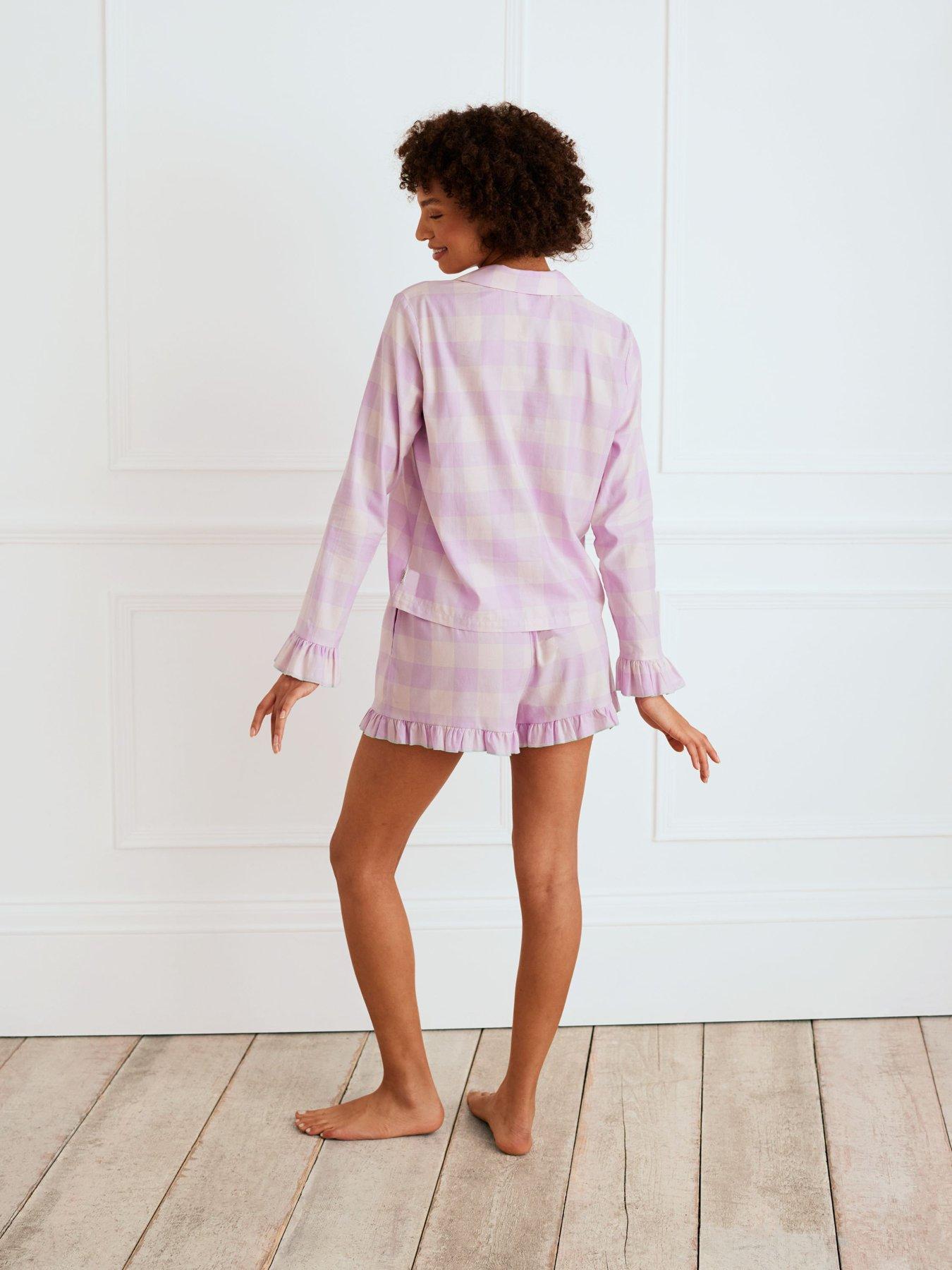 chelsea-peers-ruffle-trim-gingham-short-pyjama-set-lilacstillFront