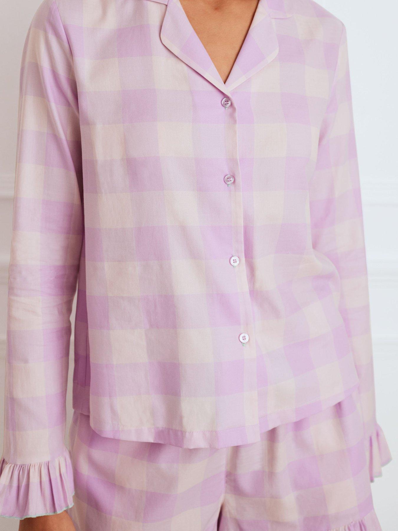 chelsea-peers-ruffle-trim-gingham-short-pyjama-set-lilacoutfit