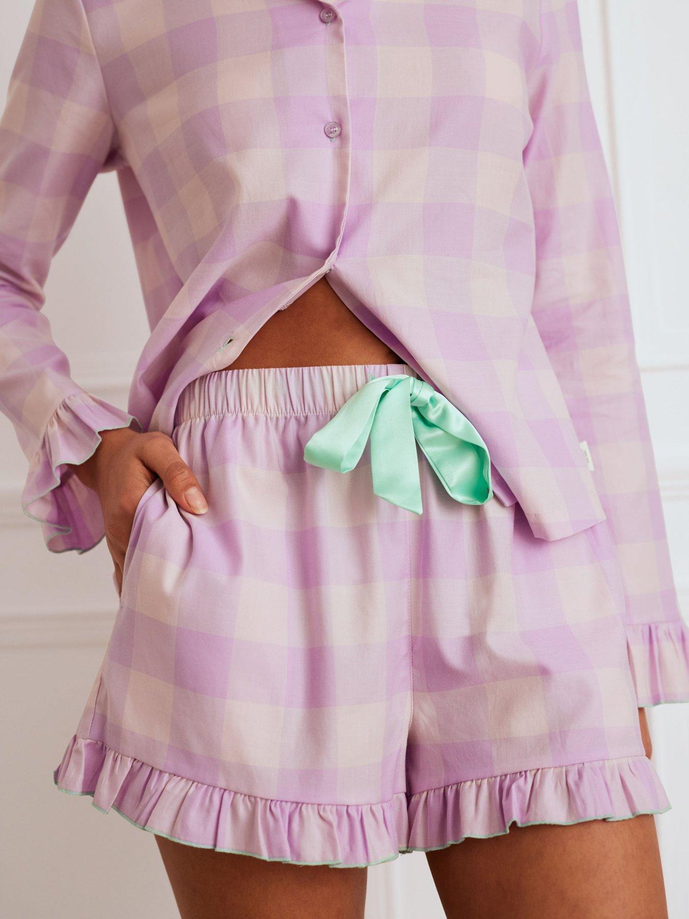chelsea-peers-ruffle-trim-gingham-short-pyjama-set-lilacdetail