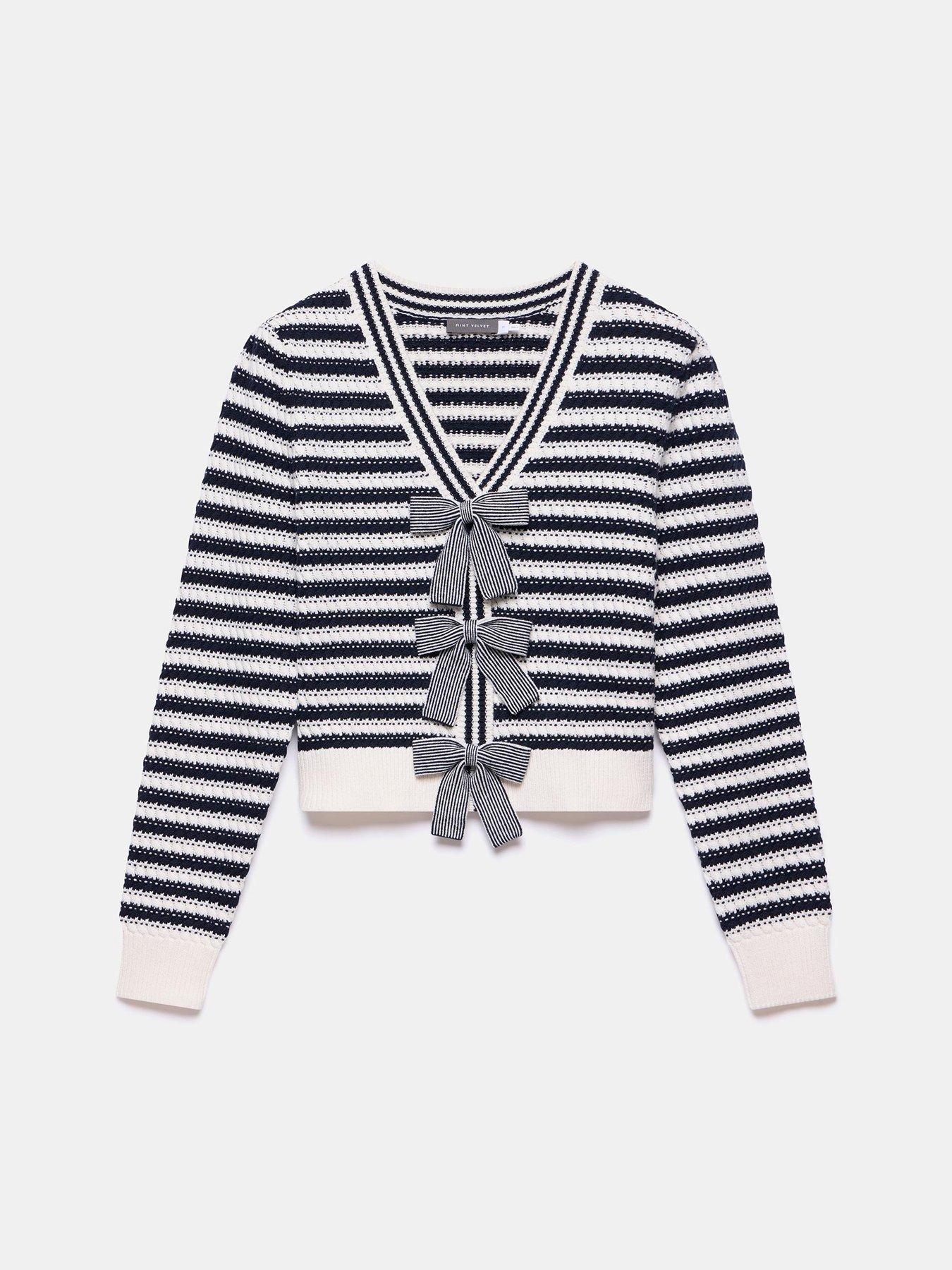 Image 4 of 5 of Mint Velvet Striped Cotton Blend Bow Cardigan - Navy