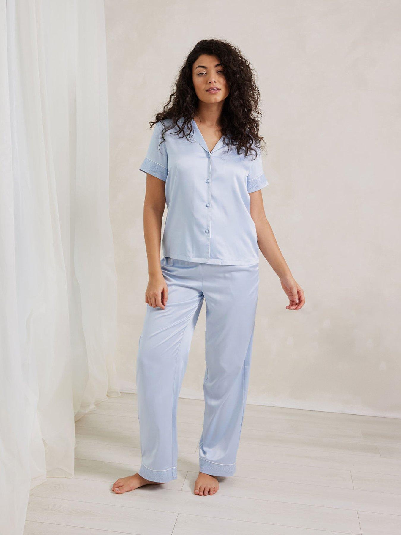 CHELSEA PEERS Long Button Up Pyjama Set Satin With Lace Trim - Blue