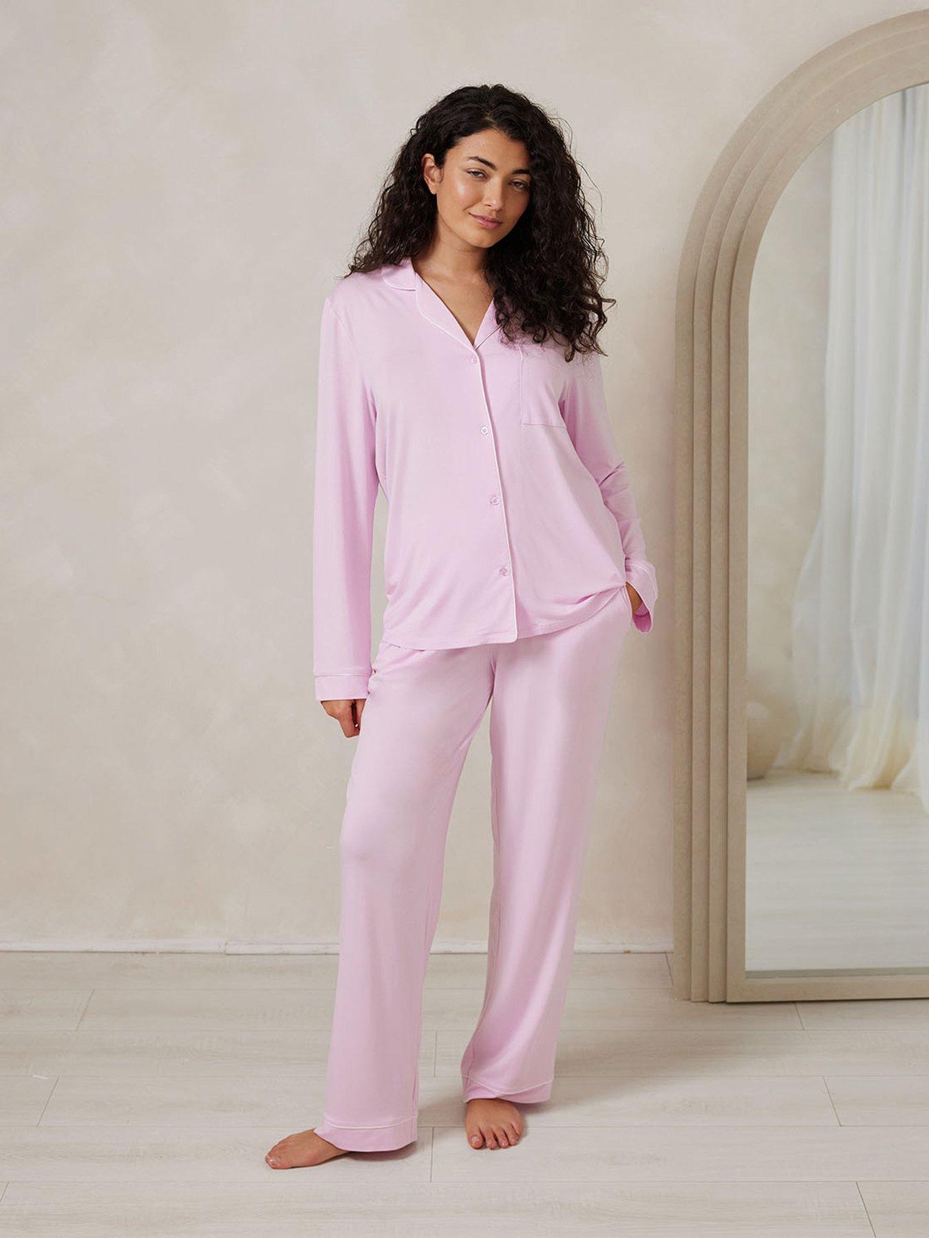 Image 1 of 5 of CHELSEA PEERS Button Up Long Pyjama Set - Plain - Pink