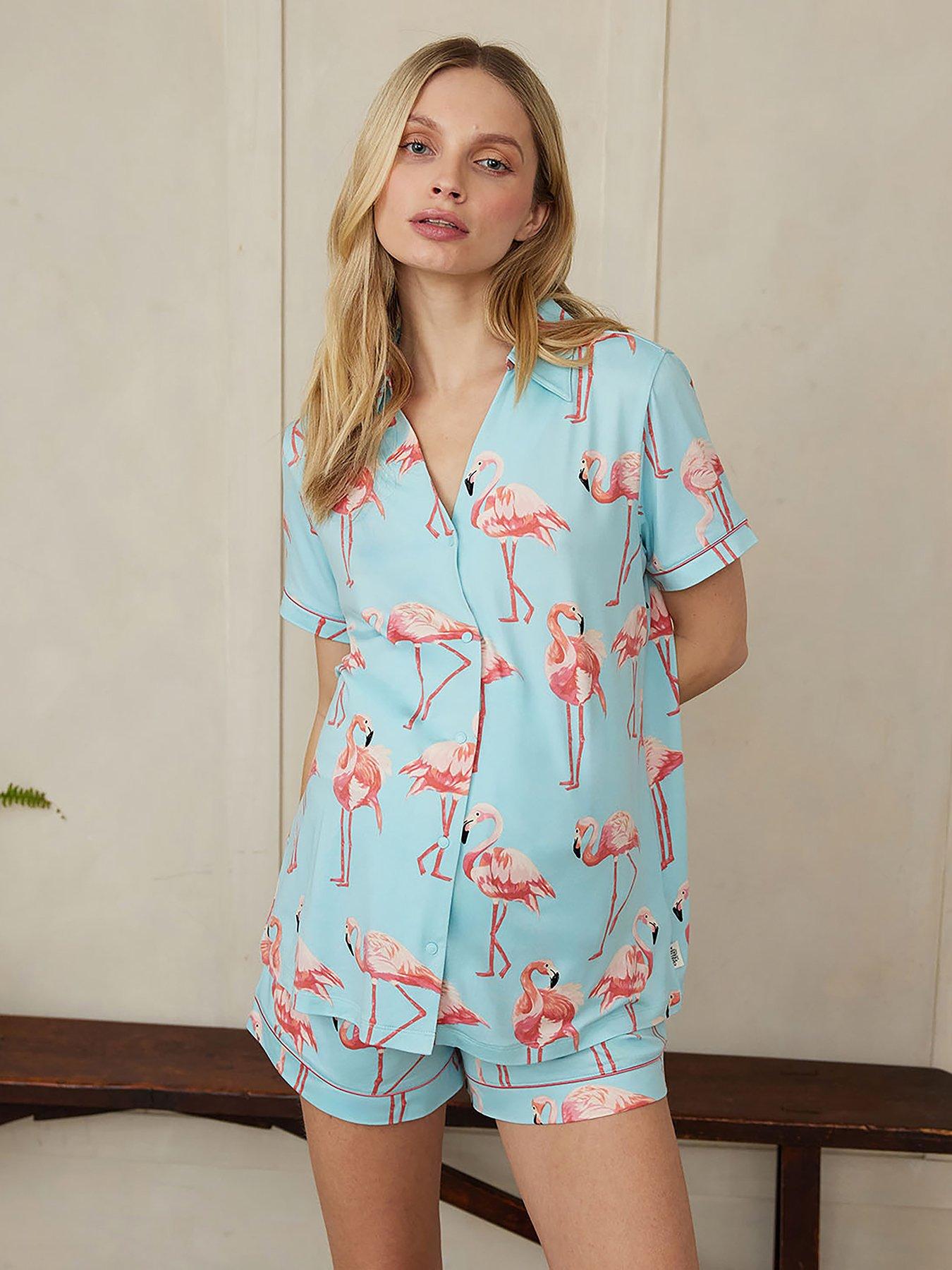 undefined Chelsea Peers Maternity V Neck Button Up Short Pyjama Set - Flamingo Print