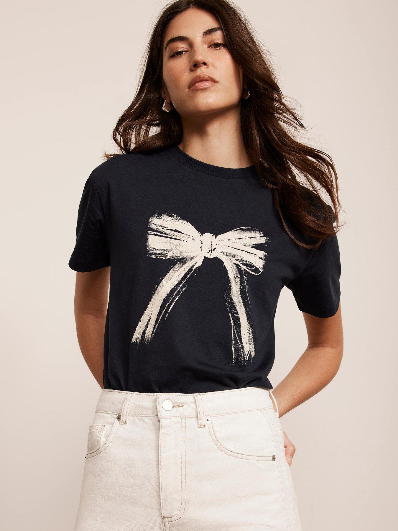 Image 1 of 4 of Mint Velvet Bow Graphic T-Shirt - Navy