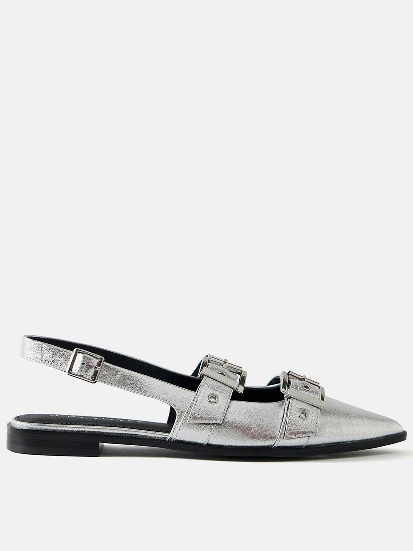 Image 1 of 4 of Mint Velvet Leather Buckled Flat Shoes - Silver