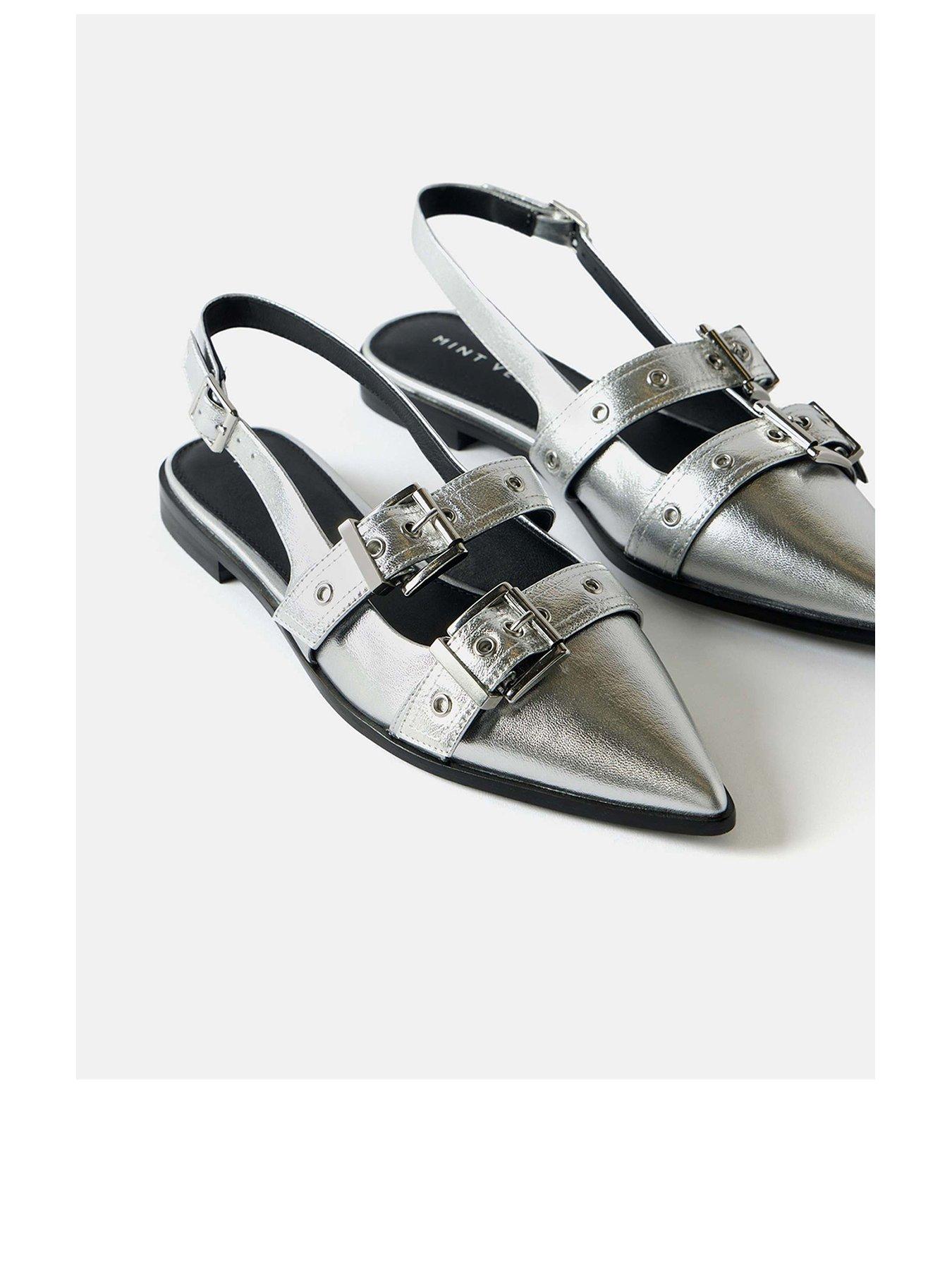 Image 2 of 4 of Mint Velvet Leather Buckled Flat Shoes - Silver
