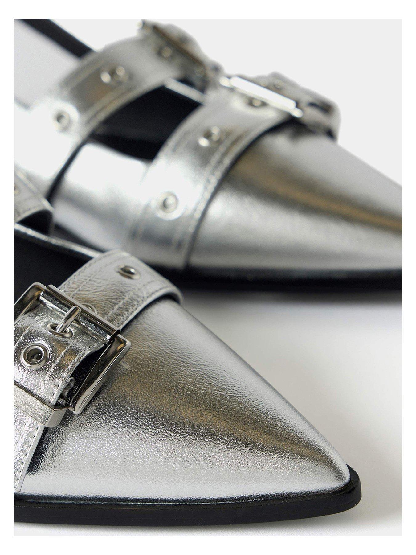 Image 4 of 4 of Mint Velvet Leather Buckled Flat Shoes - Silver