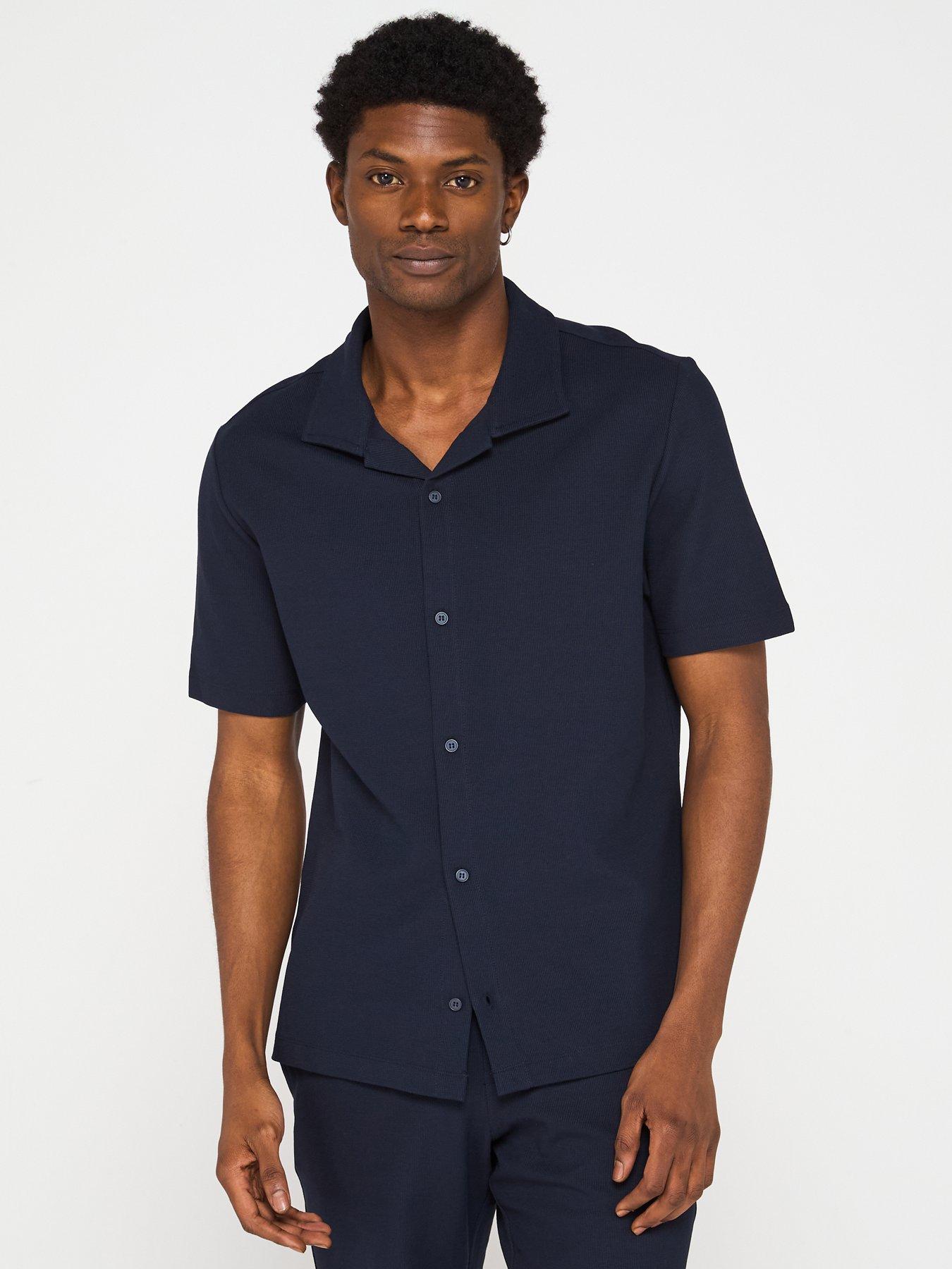 Image 1 of 6 of Mango Perec Casual Textured Button Through Jersey Shirt - Navy