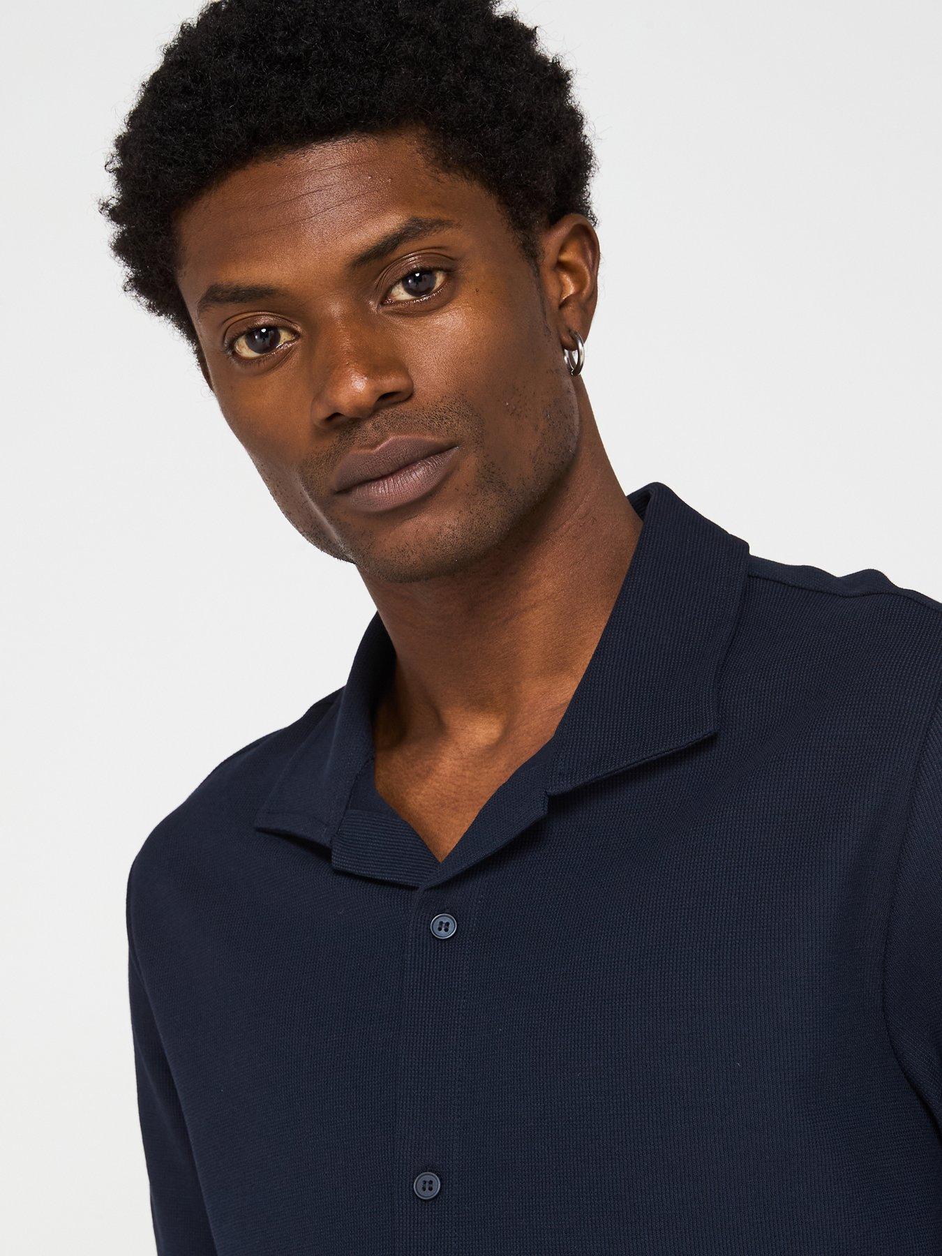 Image 4 of 6 of Mango Perec Casual Textured Button Through Jersey Shirt - Navy