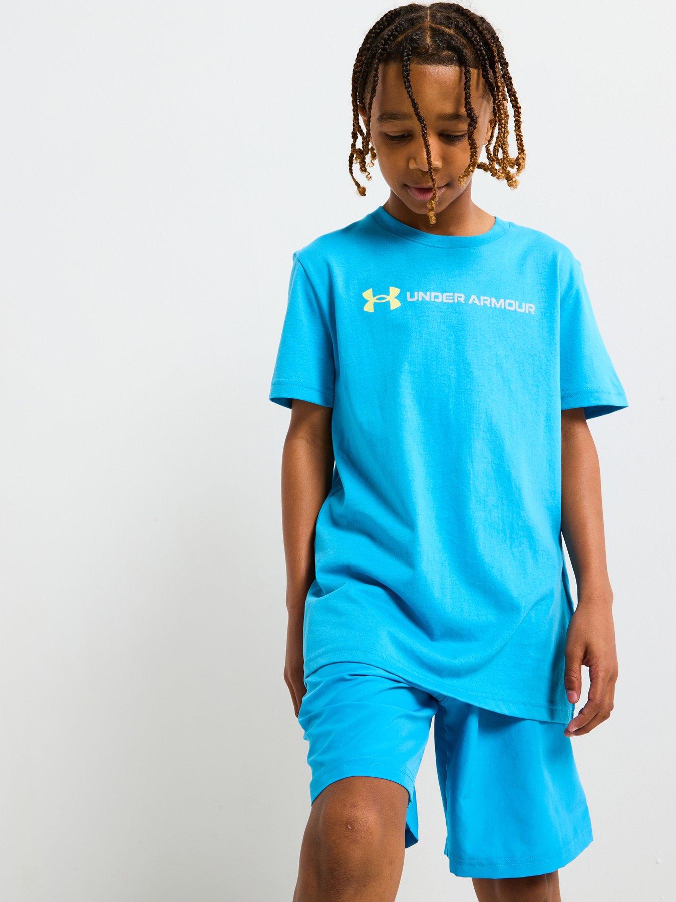 Image of UNDER ARMOUR Junior Boys Logo Wordmark T-Shirt - Blue