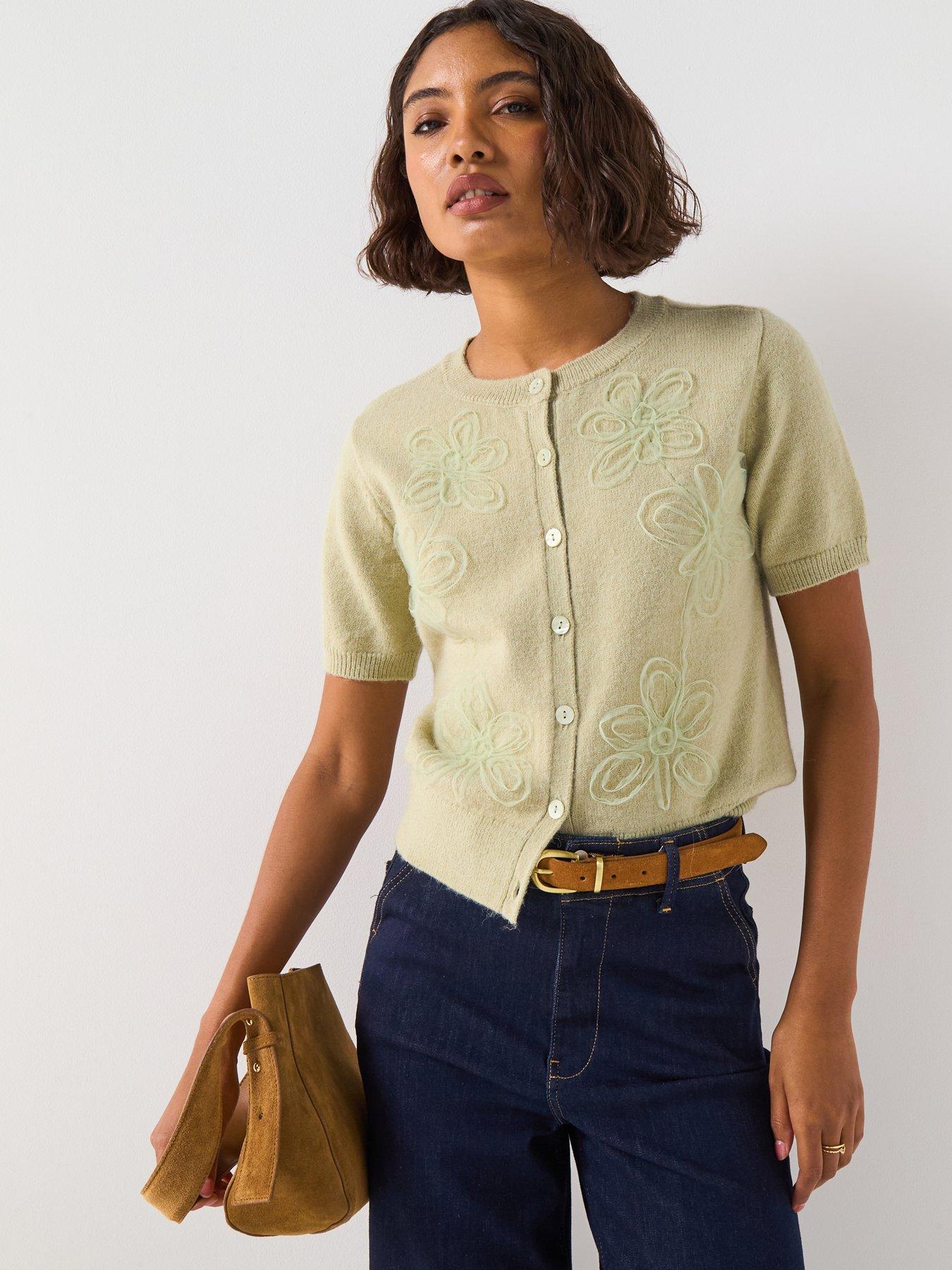 V by Very Short Sleeve Flower Detail Knitted Cardigan - Green