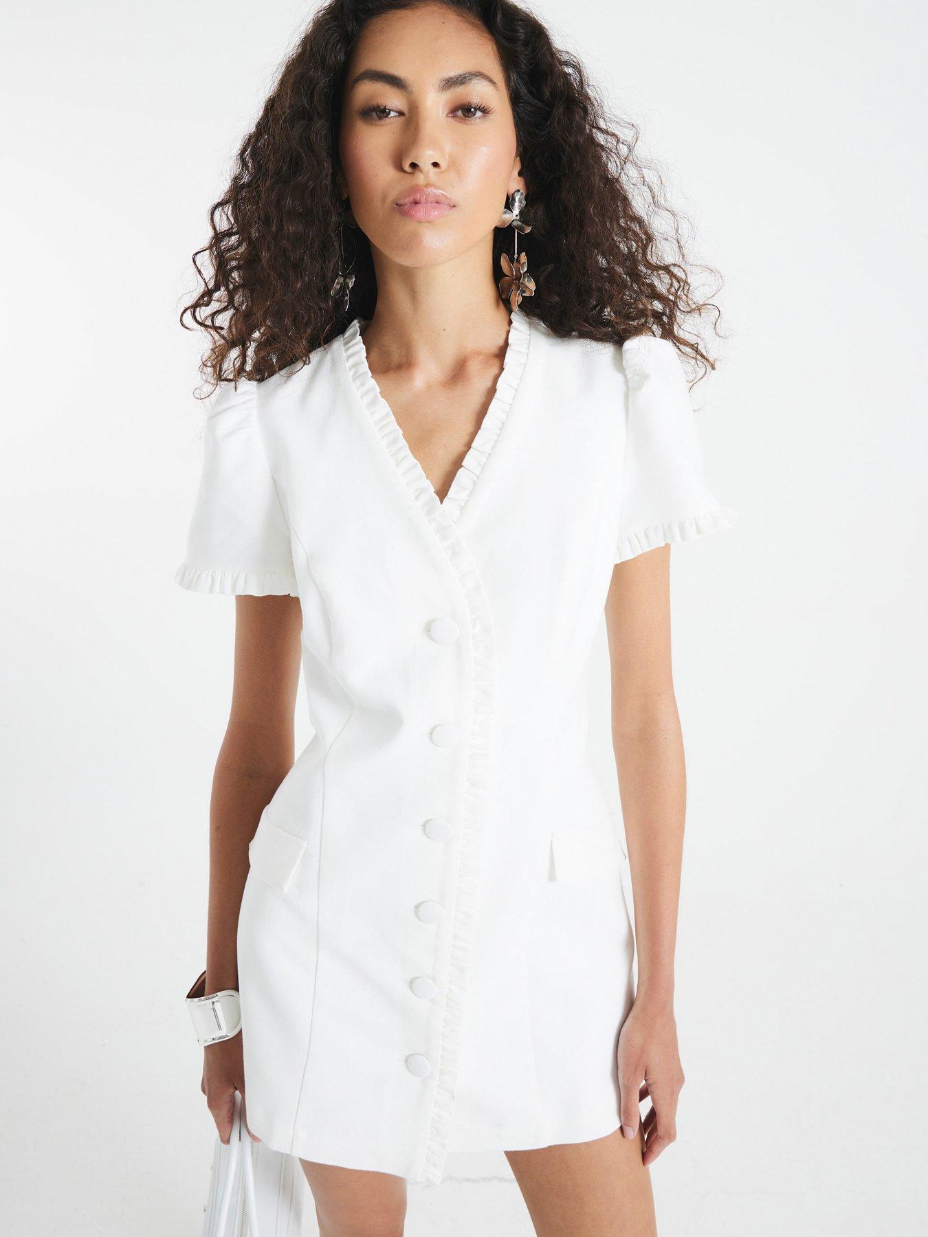 undefined Linen Ruffle Dress - White
