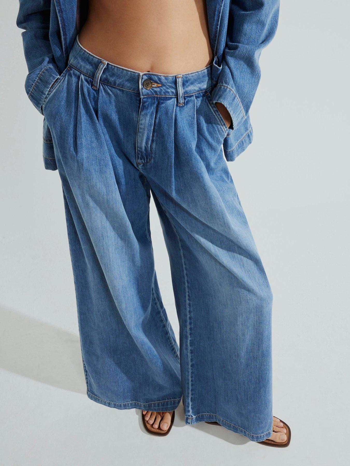 Image 1 of 4 of River Island Tailored Wide Leg Jeans - Medium Denim