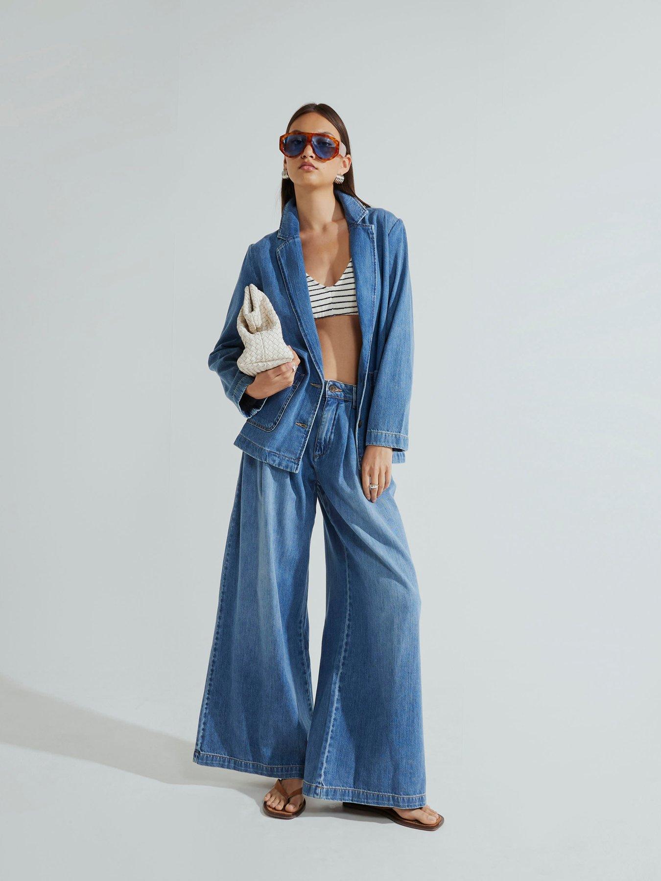 Image 3 of 4 of River Island Tailored Wide Leg Jeans - Medium Denim
