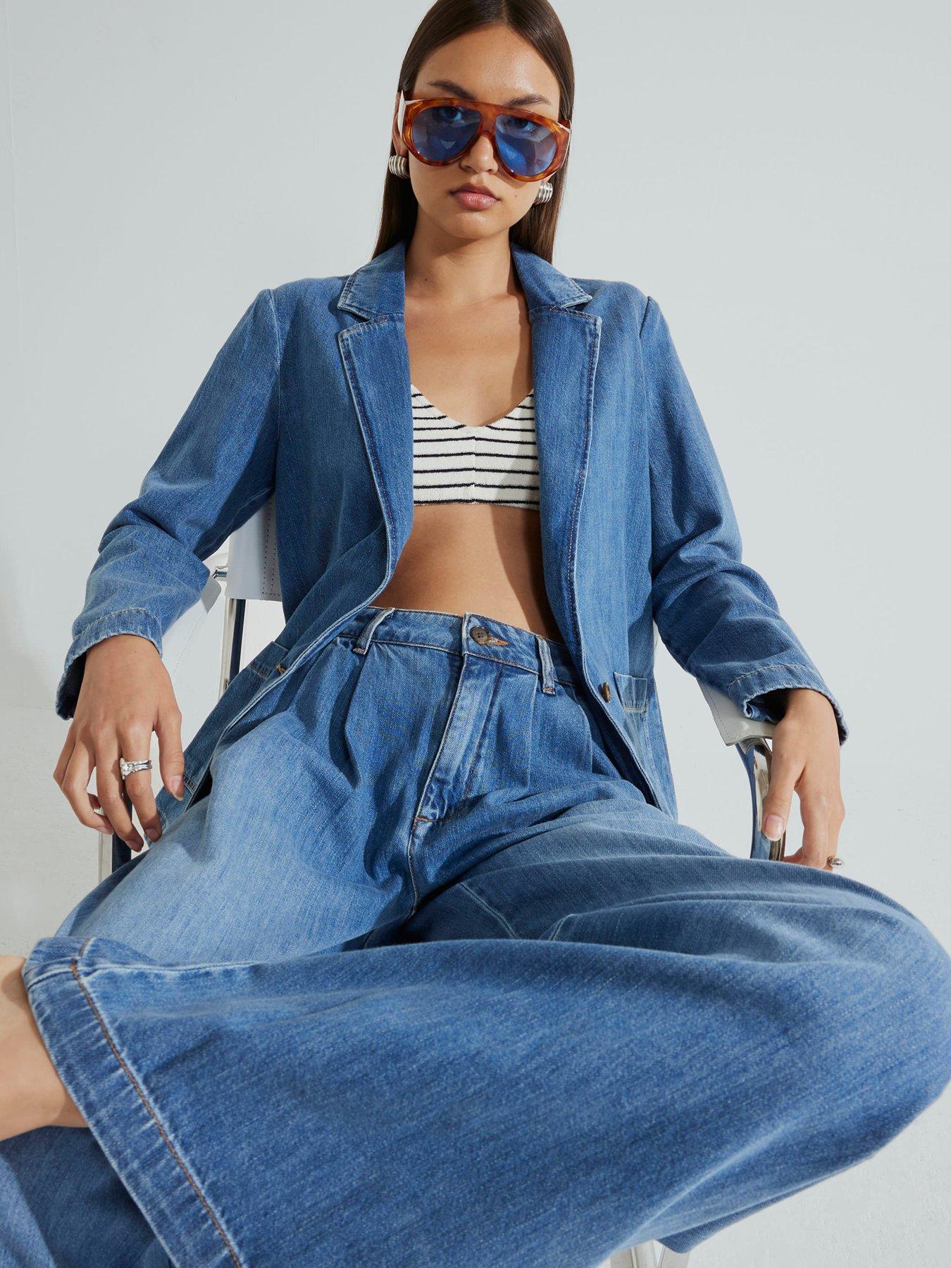 Image 4 of 4 of River Island Tailored Wide Leg Jeans - Medium Denim