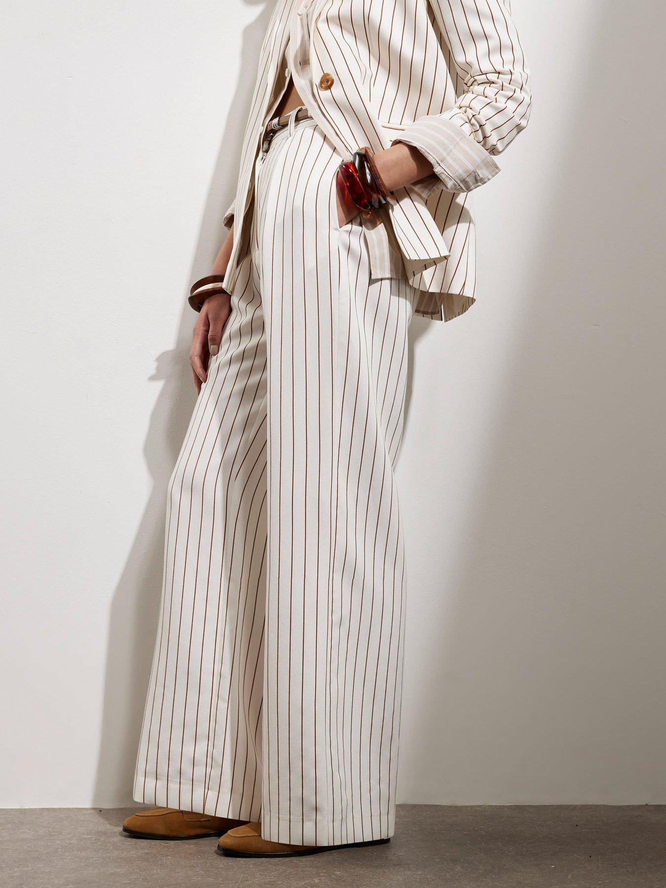 Image 1 of 4 of River Island Stripe Belted Wide Leg Trouser - White