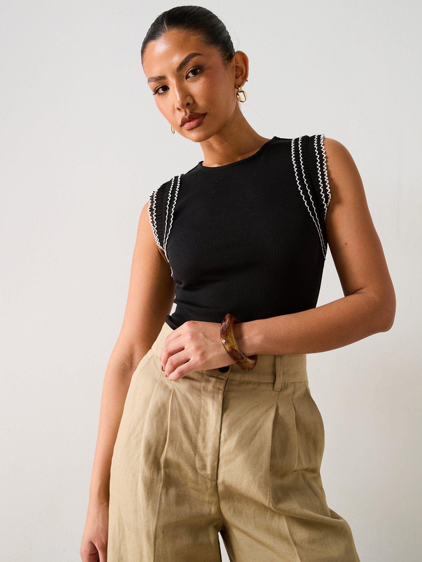 Image 1 of 6 of V by Very Frill Sleeve Rib Vest - Black