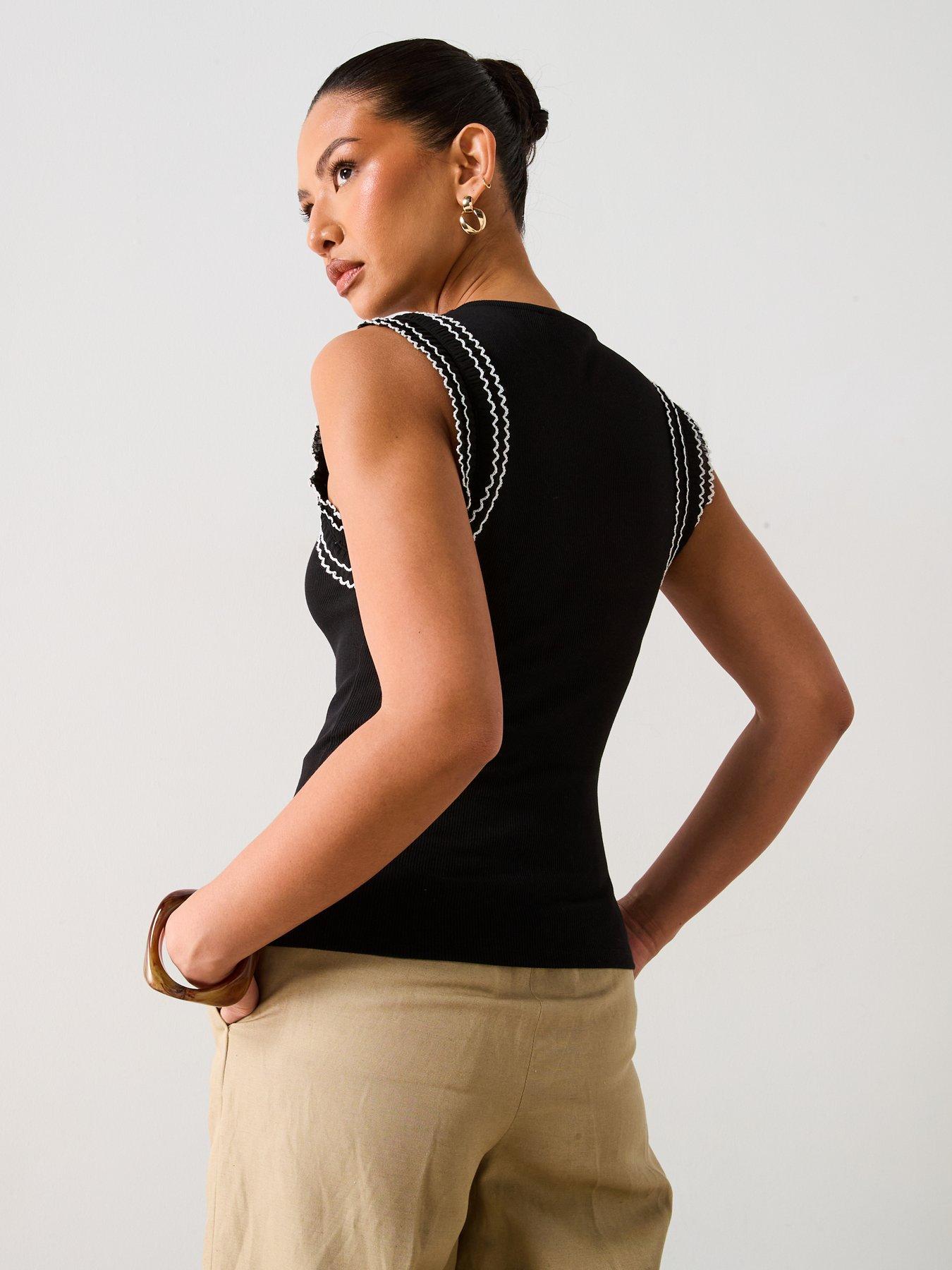 Image 2 of 6 of V by Very Frill Sleeve Rib Vest - Black