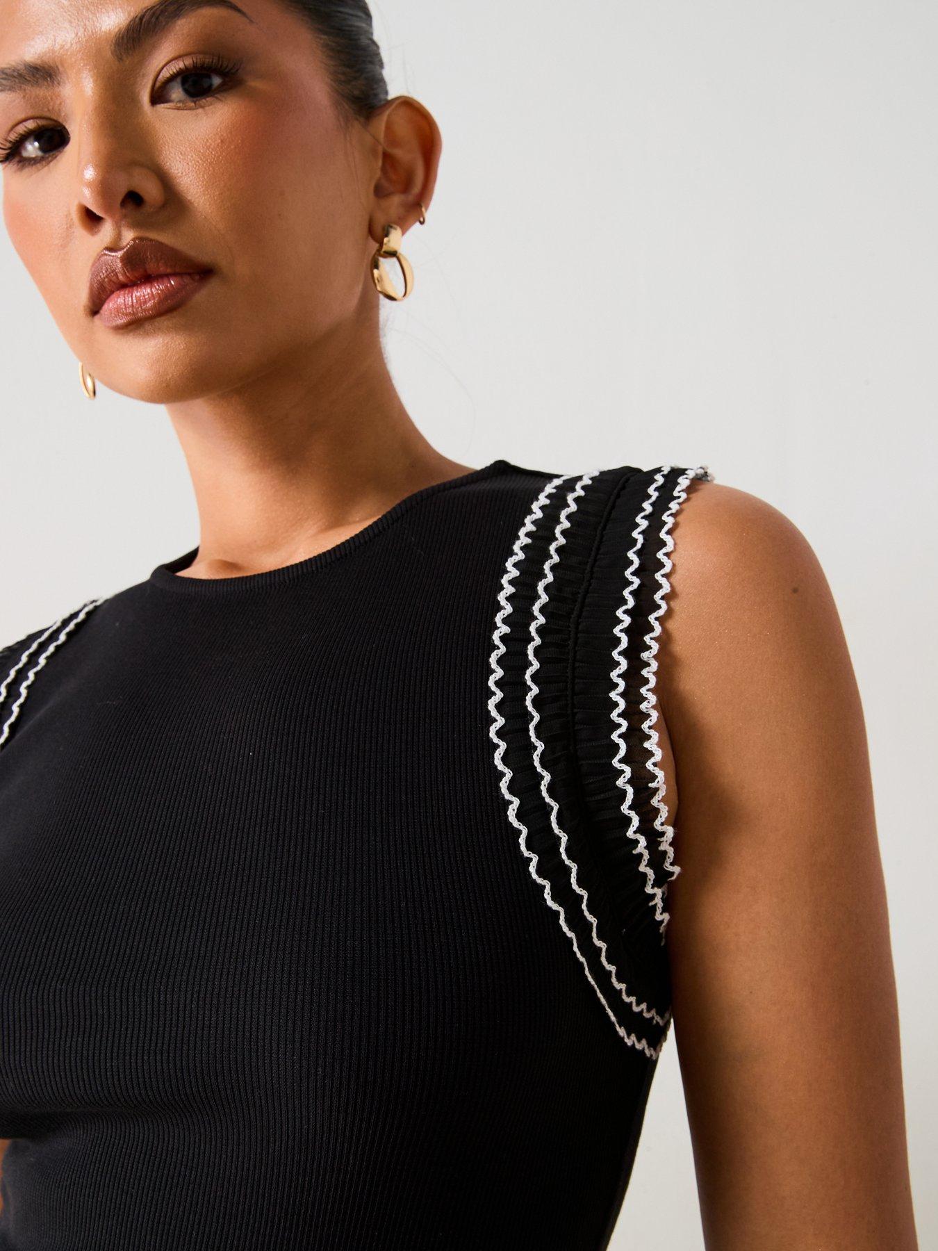 Image 4 of 6 of V by Very Frill Sleeve Rib Vest - Black